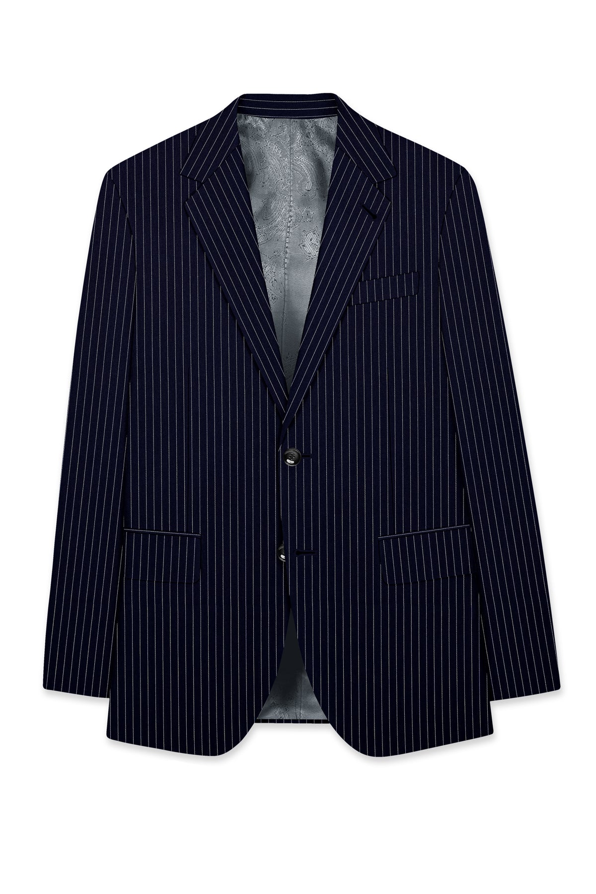 Mariner-Denim Blue And Bright White Chalk Striped Wool Rich Wrinkle-Free Fluid Drape Fabric Single Breasted Blazer
