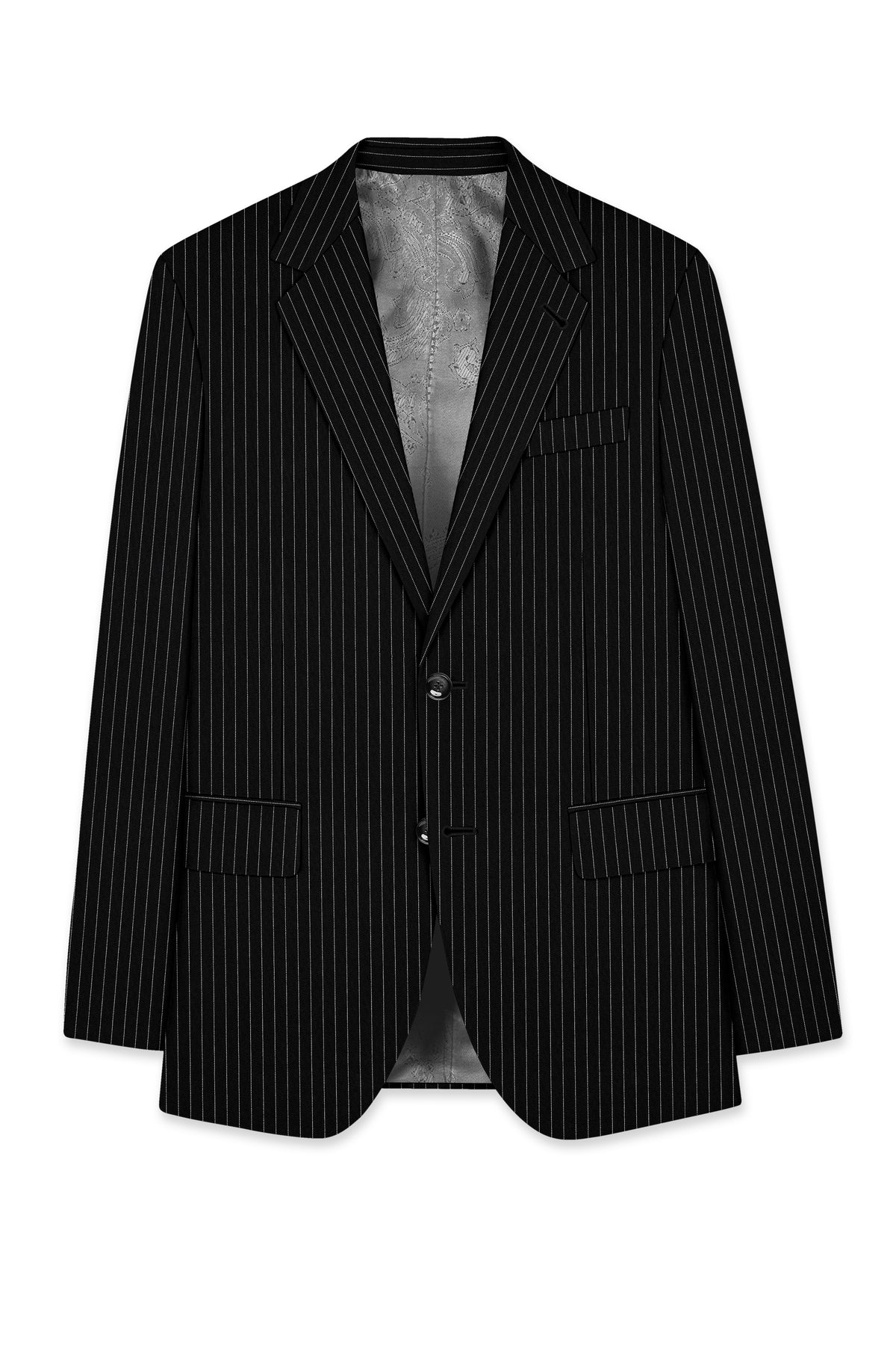Gravitas-Jade Black And Bright White Chalk Striped Wool Rich Wrinkle-Free Fluid Drape Fabric Single Breasted Blazer