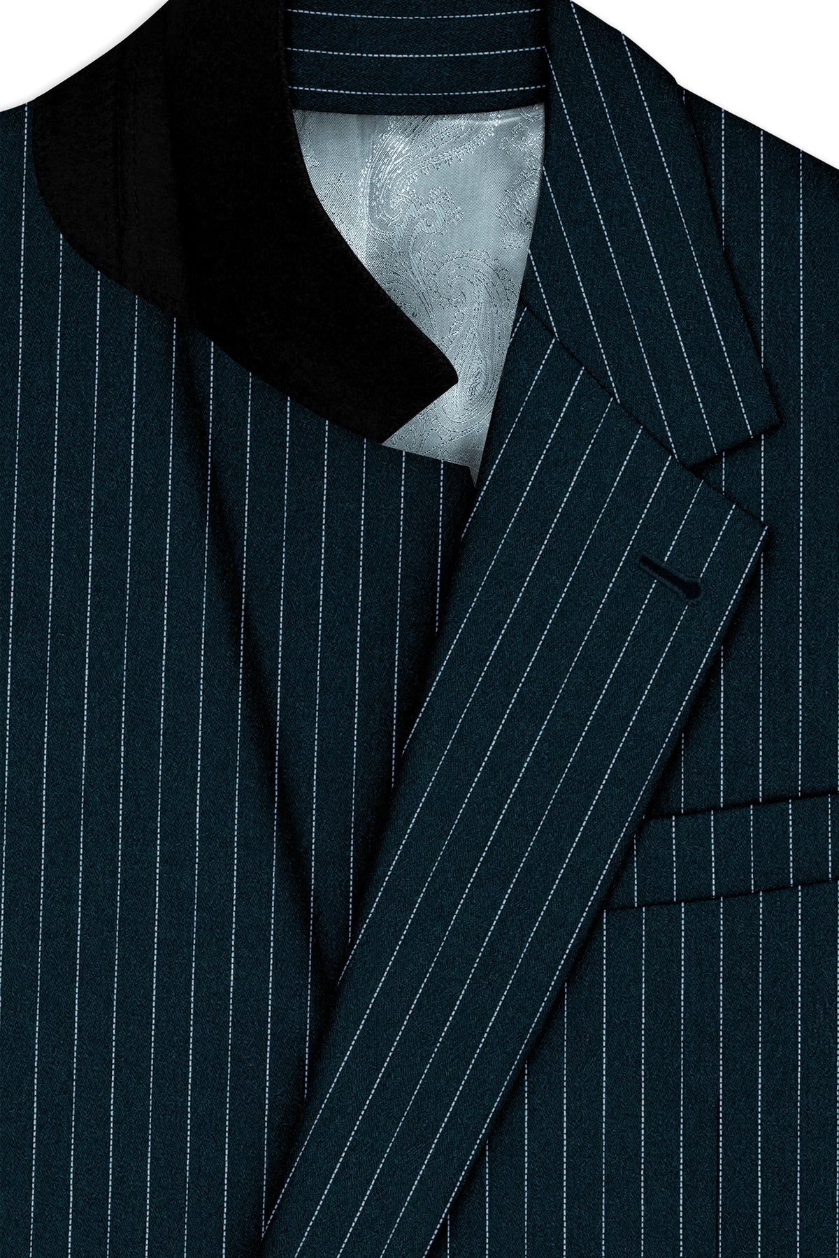 Zenith-Imperial Teal And Bright White Chalk Striped Wool Rich Wrinkle-Free Fluid Drape Fabric Single Breasted Blazer