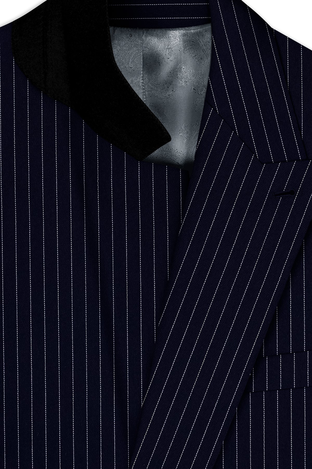 Mariner-Denim Blue And Bright White Chalk Striped Wool Rich Wrinkle-Free Fluid Drape Fabric Double Breasted Blazer