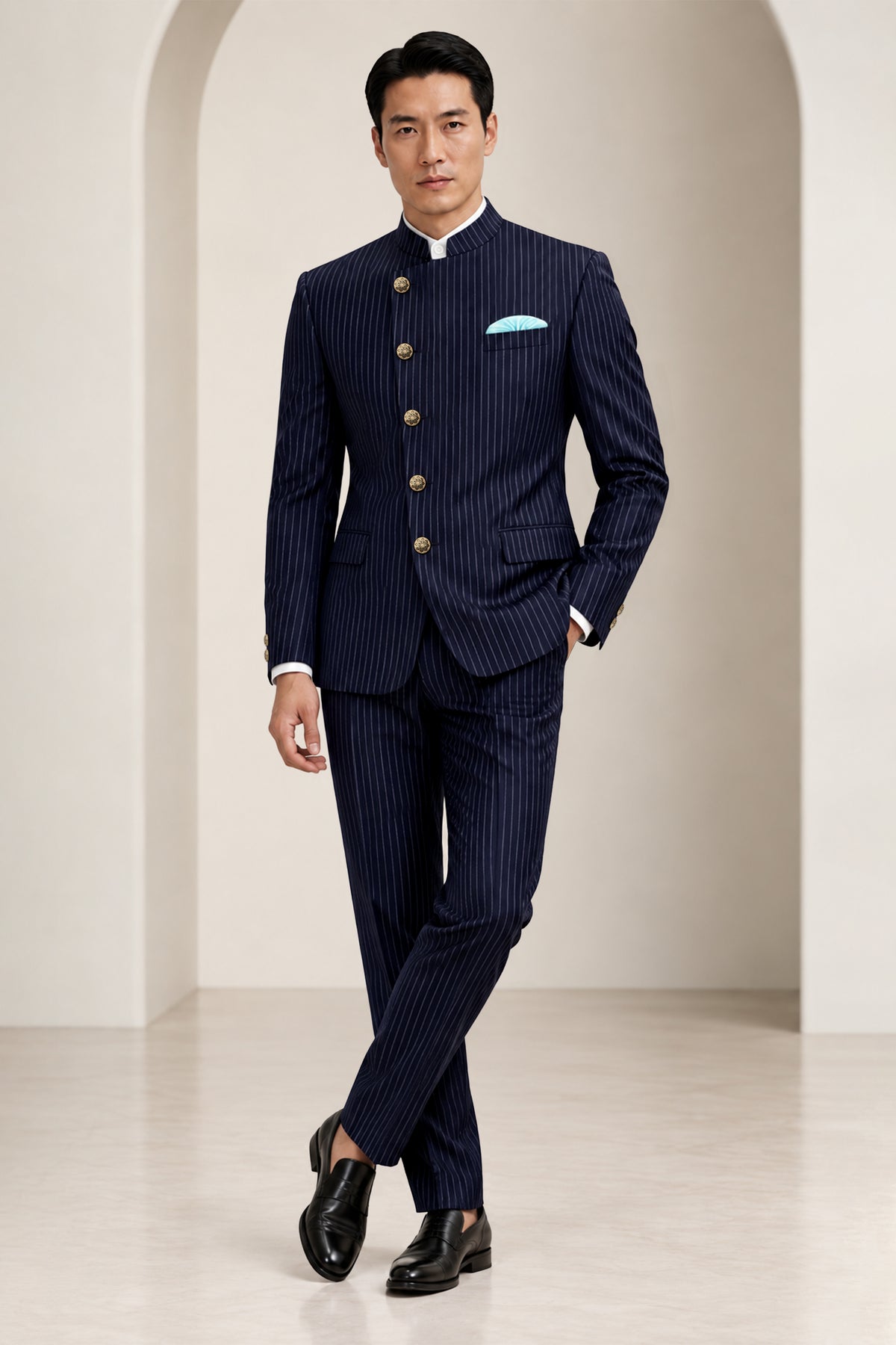 Mariner-Denim Blue And Bright White Chalk Striped Wool Rich Wrinkle-Free Fluid Drape Fabric Cross Placket Bandhgala Blazer