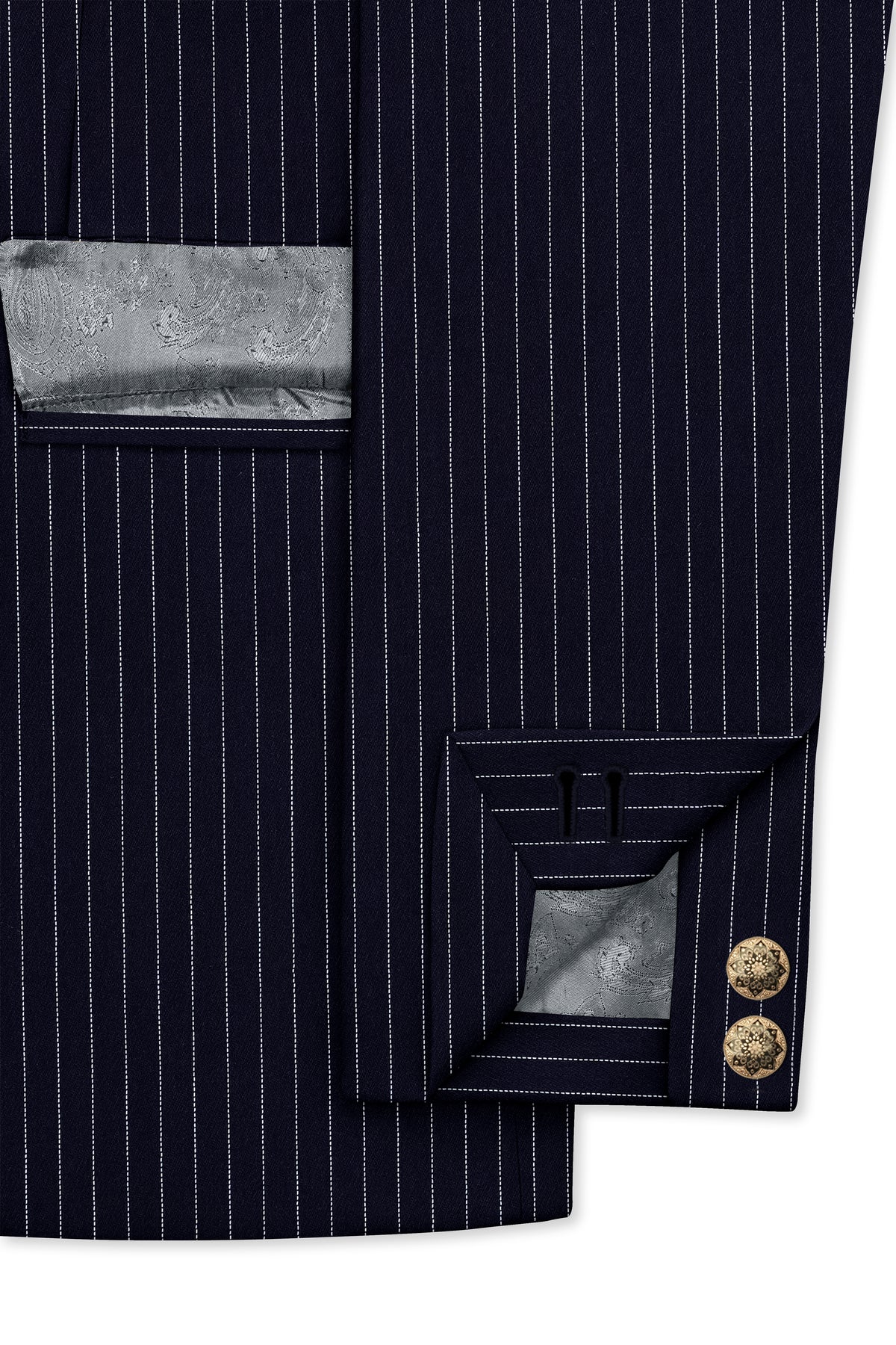 Mariner-Denim Blue And Bright White Chalk Striped Wool Rich Wrinkle-Free Fluid Drape Fabric Cross Placket Bandhgala Blazer