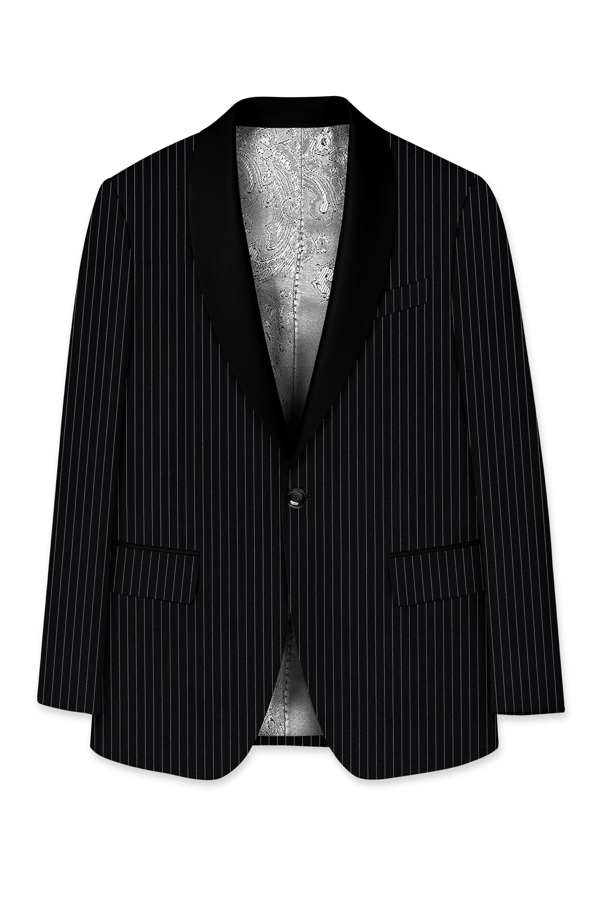 Gravitas-Jade Black And Bright White Chalk Striped Wool Rich Wrinkle-Free Fluid Drape Fabric Tuxedo Blazer