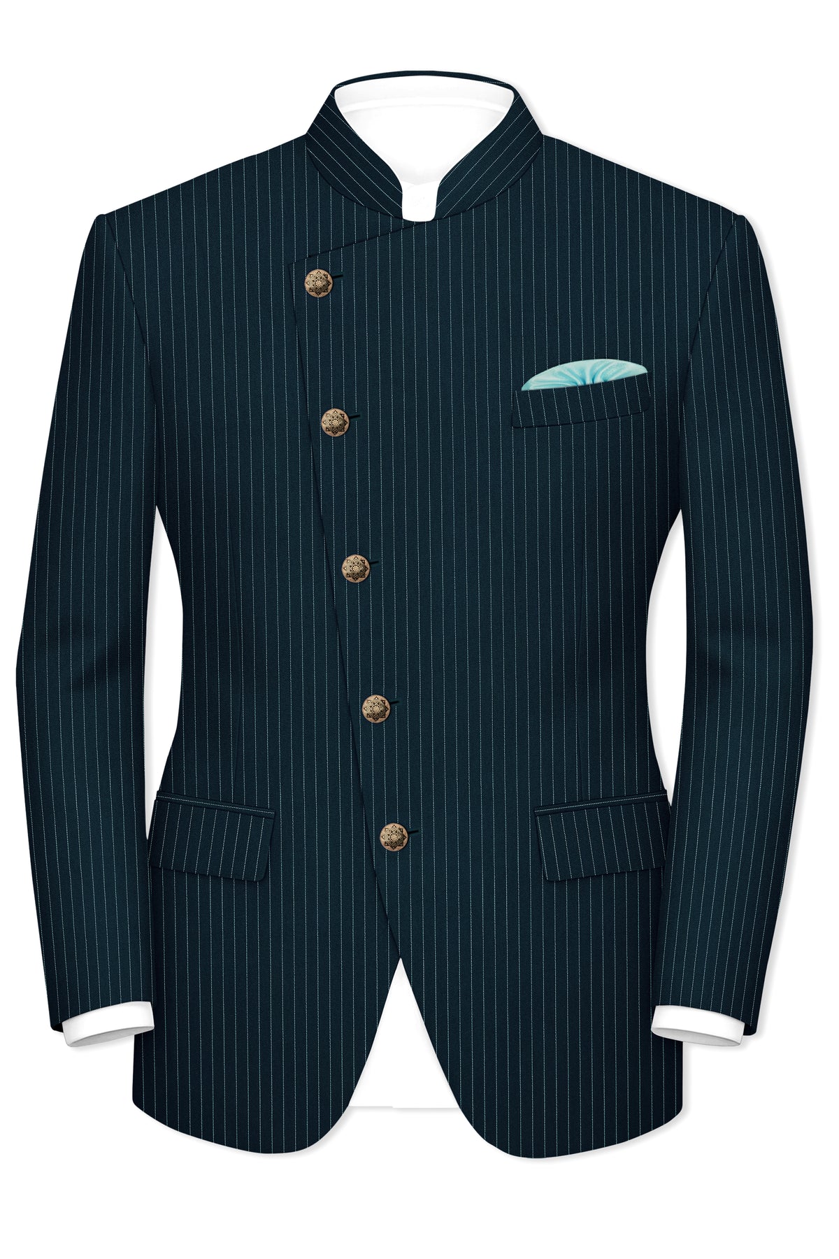 Zenith-Imperial Teal And Bright White Chalk Striped Wool Rich Wrinkle-Free Fluid Drape Fabric Cross Placket Bandhgala Blazer
