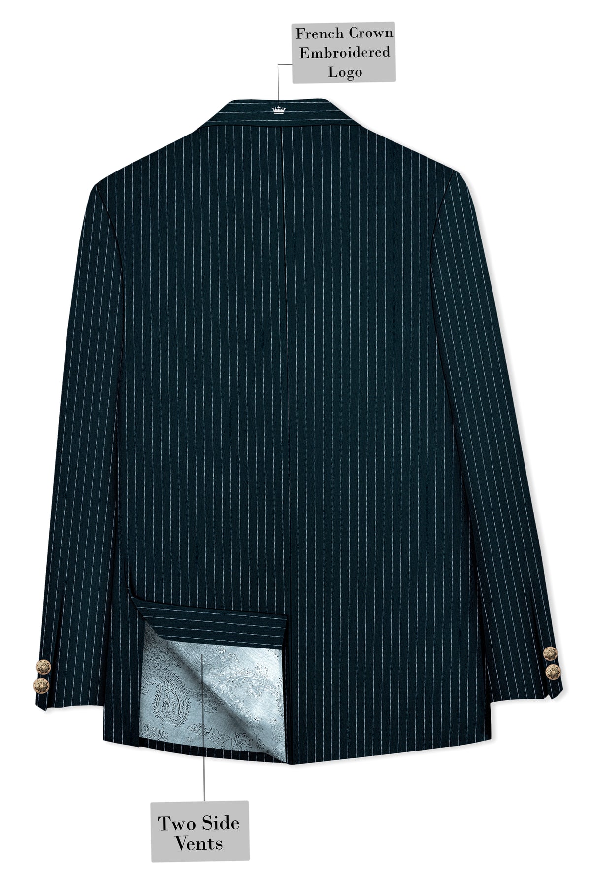 Zenith-Imperial Teal And Bright White Chalk Striped Wool Rich Wrinkle-Free Fluid Drape Fabric Cross Placket Bandhgala Blazer