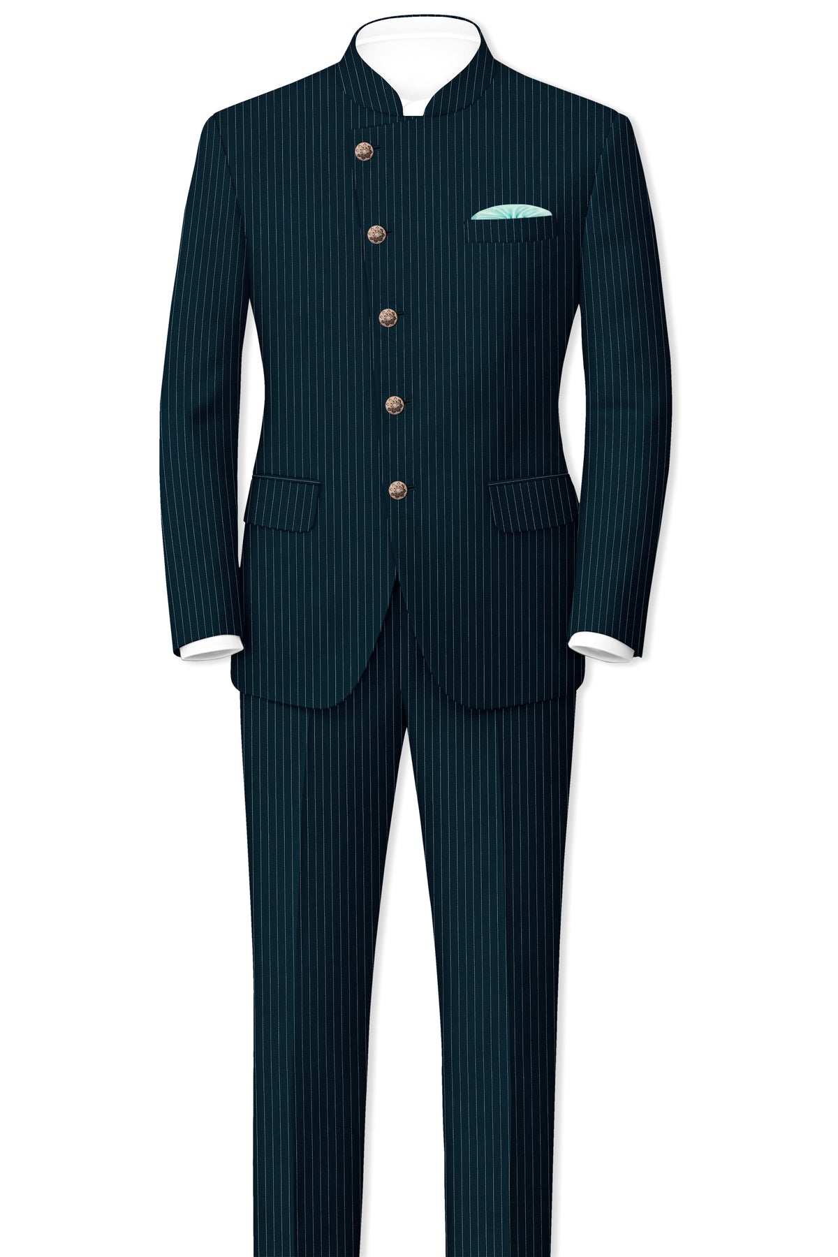 Zenith-Imperial Teal And Bright White Chalk Striped Wool Rich Wrinkle-Free Fluid Drape Fabric Cross Placket Bandhgala Blazer