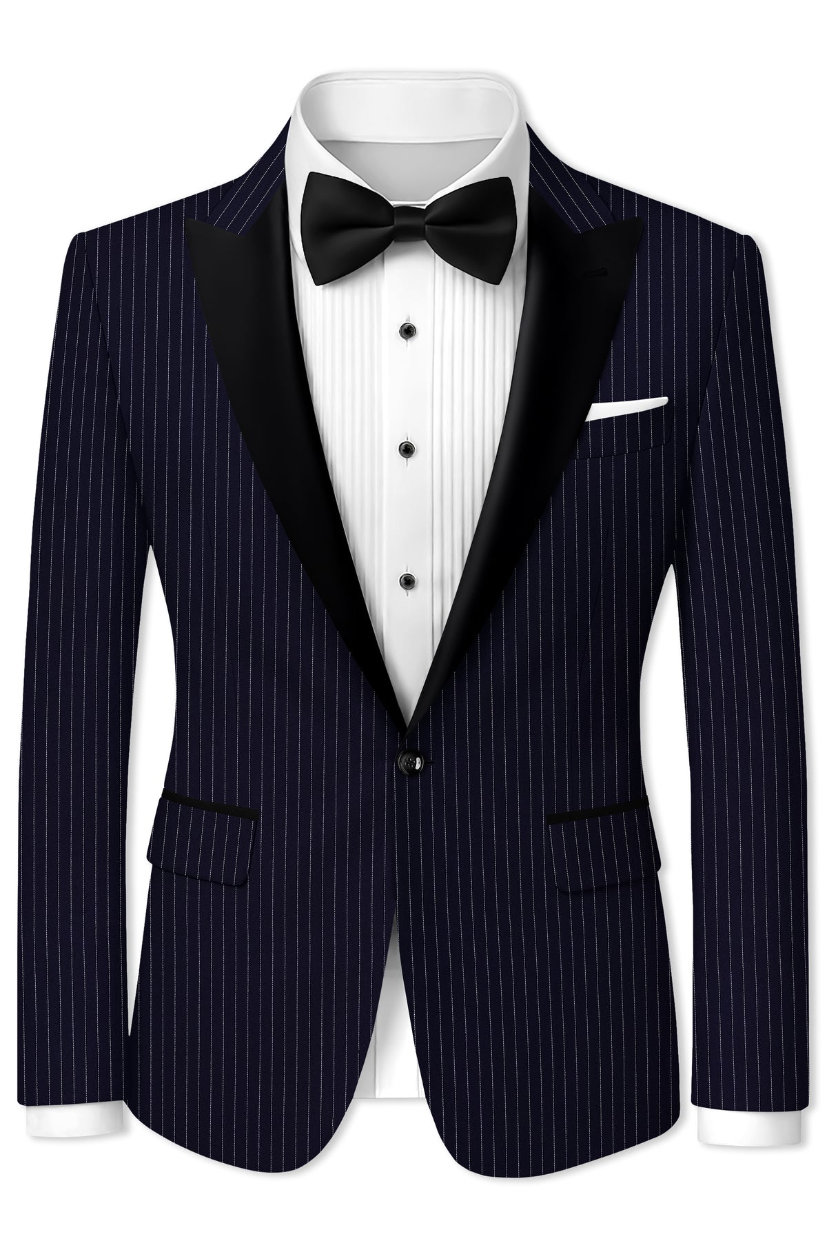 Mariner-Denim Blue And Bright White Chalk Striped Wool Rich Wrinkle-Free Fluid Drape Fabric Peak Lapel Tuxedo Blazer