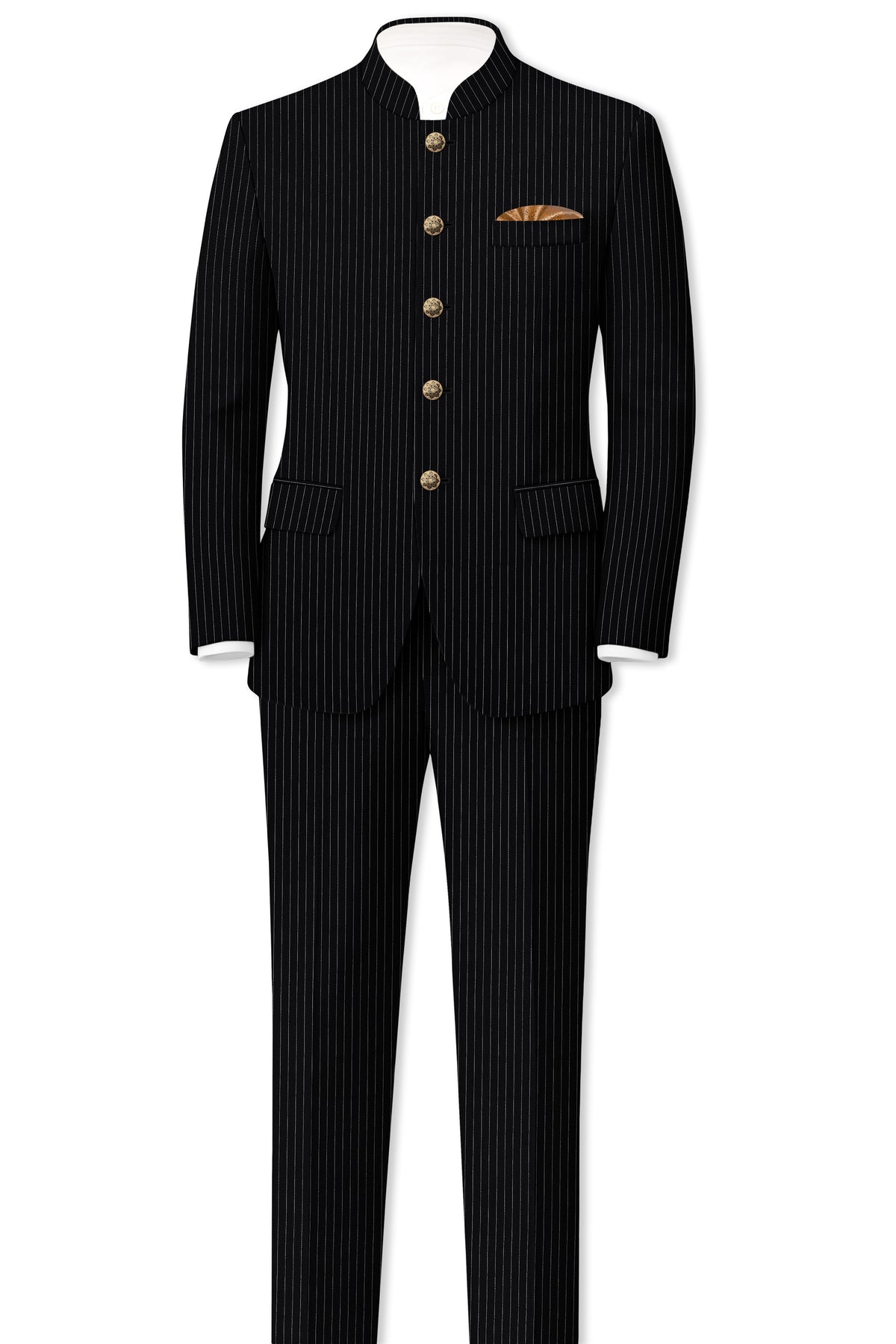 Gravitas-Jade Black And Bright White Chalk Striped Wool Rich Wrinkle-Free Fluid Drape Fabric Bandhgala Blazer