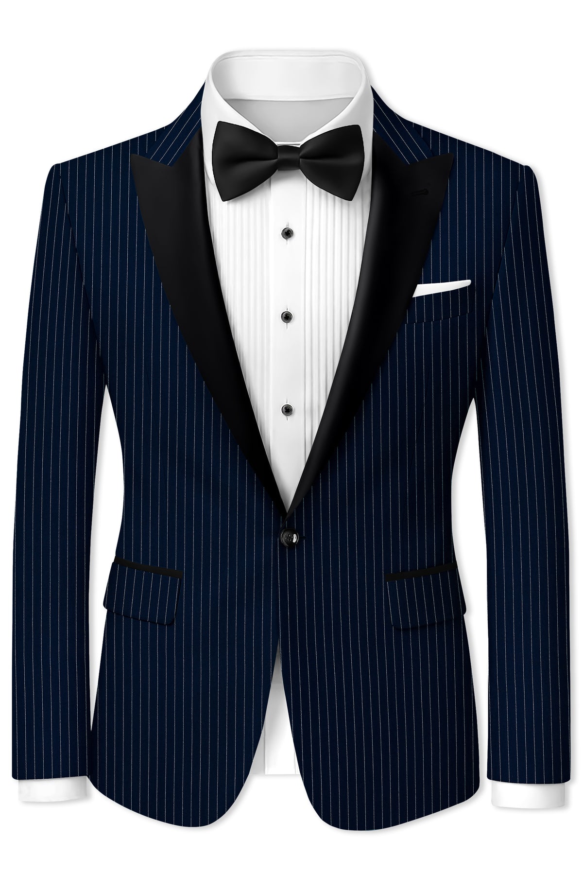 Zenith-Imperial Teal Green And Bright White Chalk Striped Wool Rich Wrinkle-Free Fluid Drape Fabric Peak Lapel Tuxedo Blazer