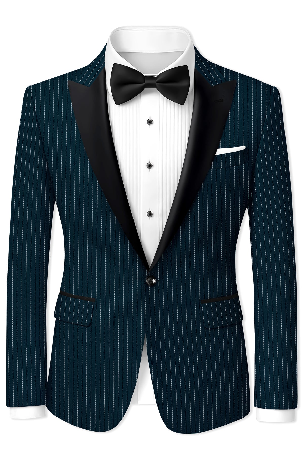 Zenith-Imperial Teal And Bright White Chalk Striped Wool Rich Wrinkle-Free Fluid Drape Fabric Peak Lapel Tuxedo Blazer