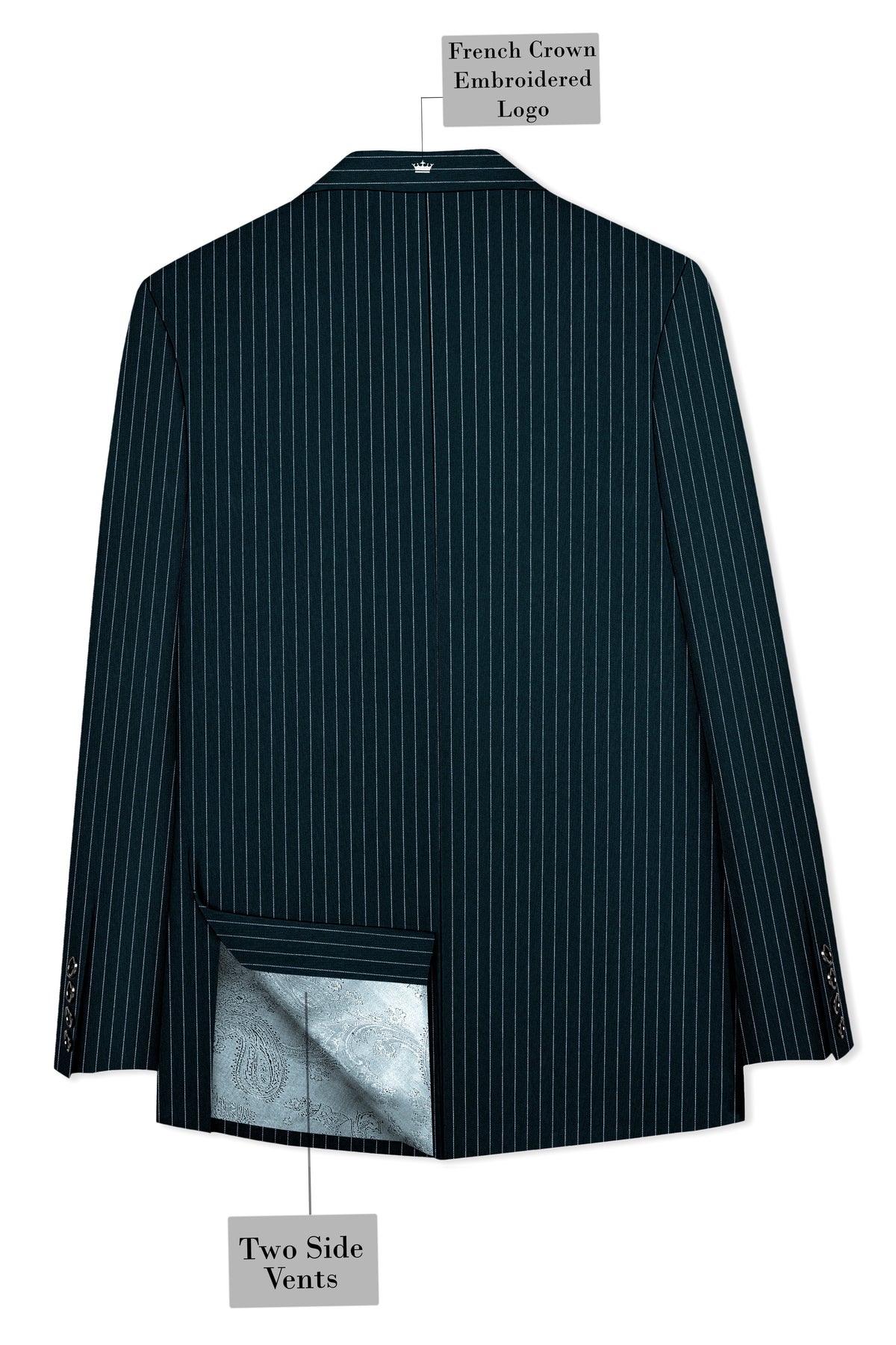 Zenith-Imperial Teal And Bright White Chalk Striped Wool Rich Wrinkle-Free Fluid Drape Fabric Peak Lapel Tuxedo Blazer