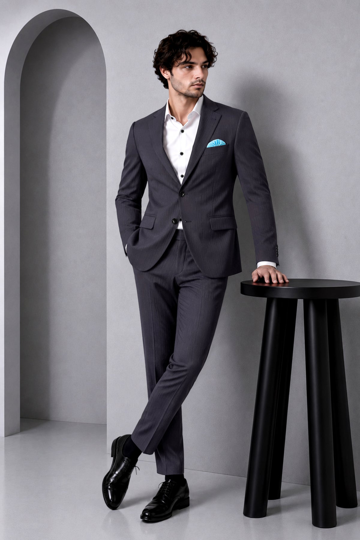 Aurelio-Charade Gray Diamond Textured Wool Rich Slight Stretch Single Breasted Blazer
