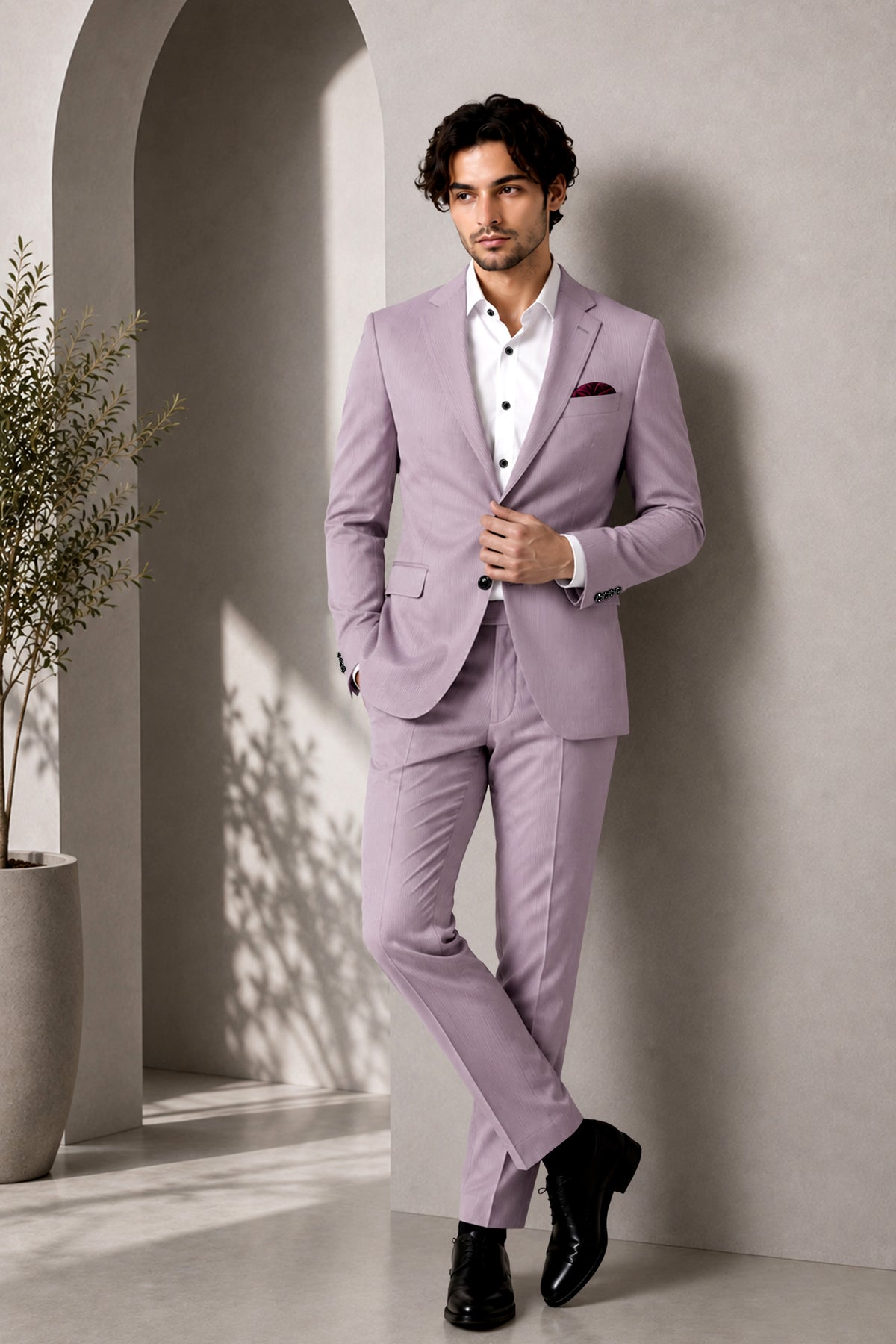 Celeste-Martini Pink Diamond Textured Wool Rich Slight Stretch Single Breasted Blazer