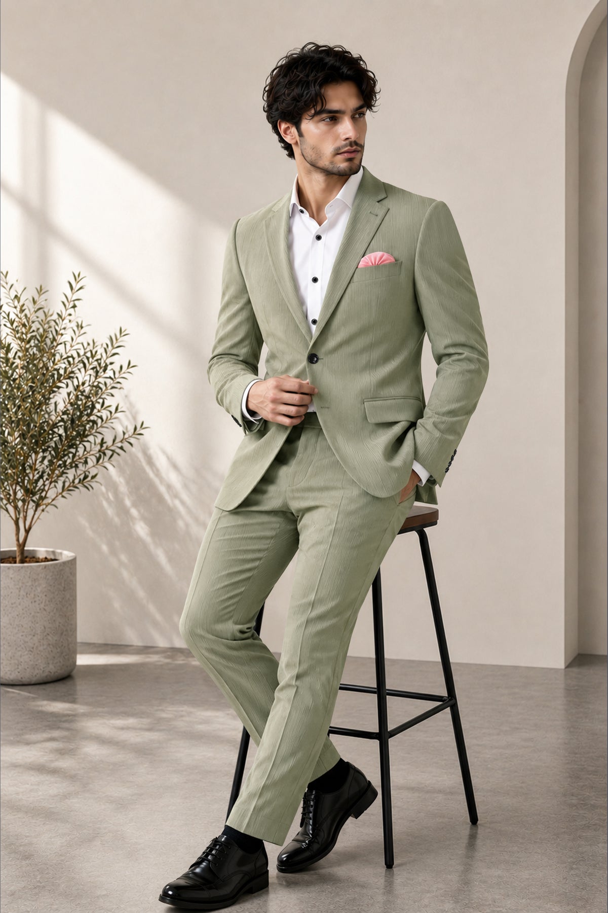 Elysian-Sage Green Diamond Textured Wool Rich Slight Stretch Single Breasted Blazer