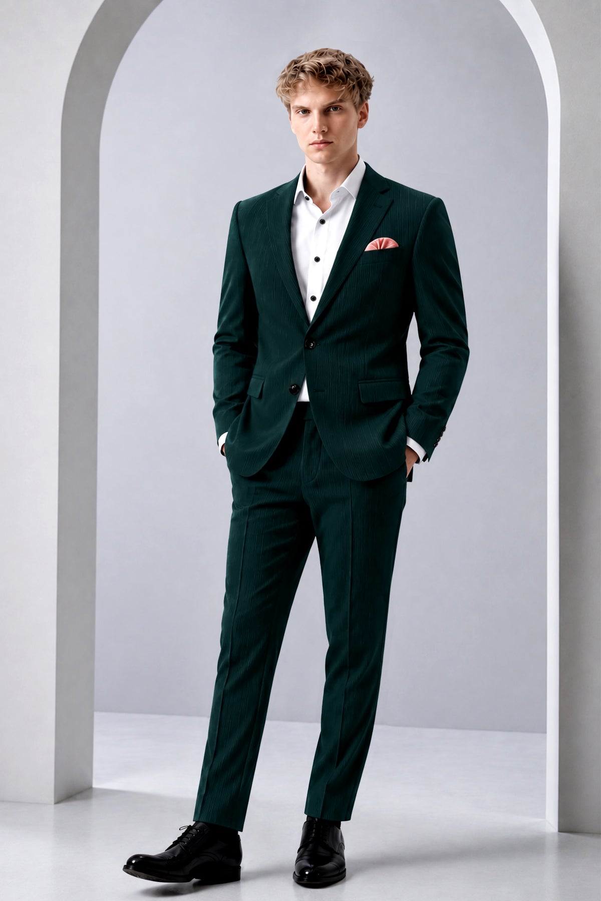 Viridian-Burnham Green Diamond Textured Wool Rich Slight Stretch Single Breasted Blazer