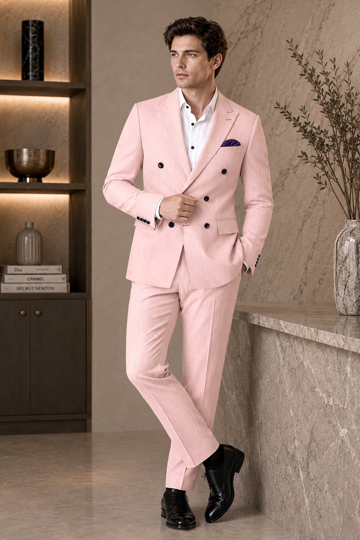 Elara-Cosmos Pink Diamond Textured Wool Rich Slight Stretch Double Breasted Blazer
