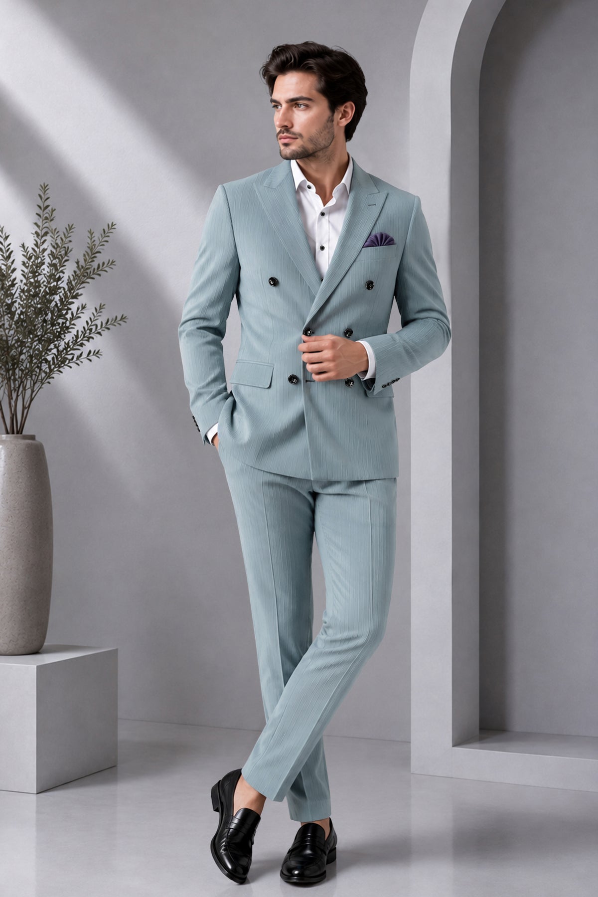 Sterling-Cadet Gray Diamond Textured Wool Rich Slight Stretch Double Breasted Blazer