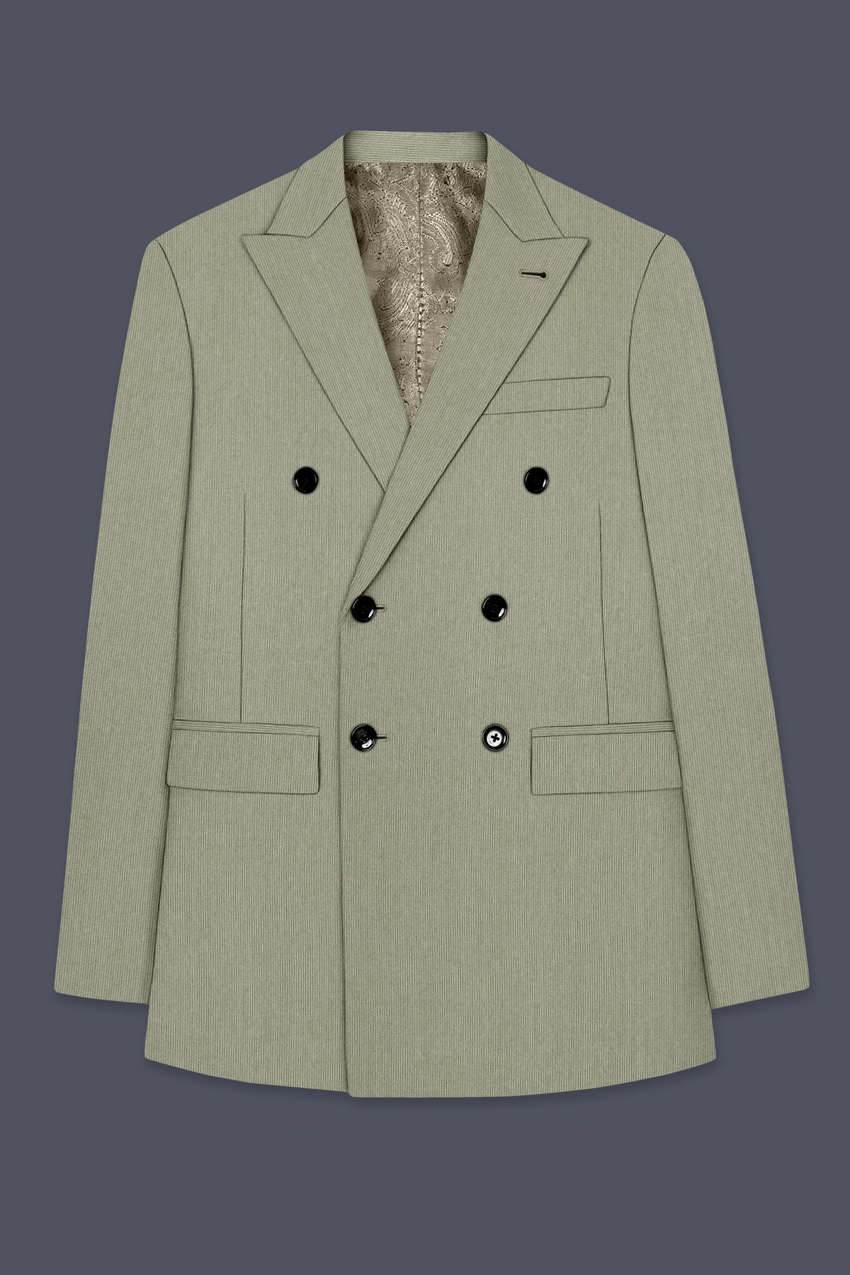 Elysian-Sage Green Diamond Textured Wool Rich Slight Stretch Double Breasted Blazer