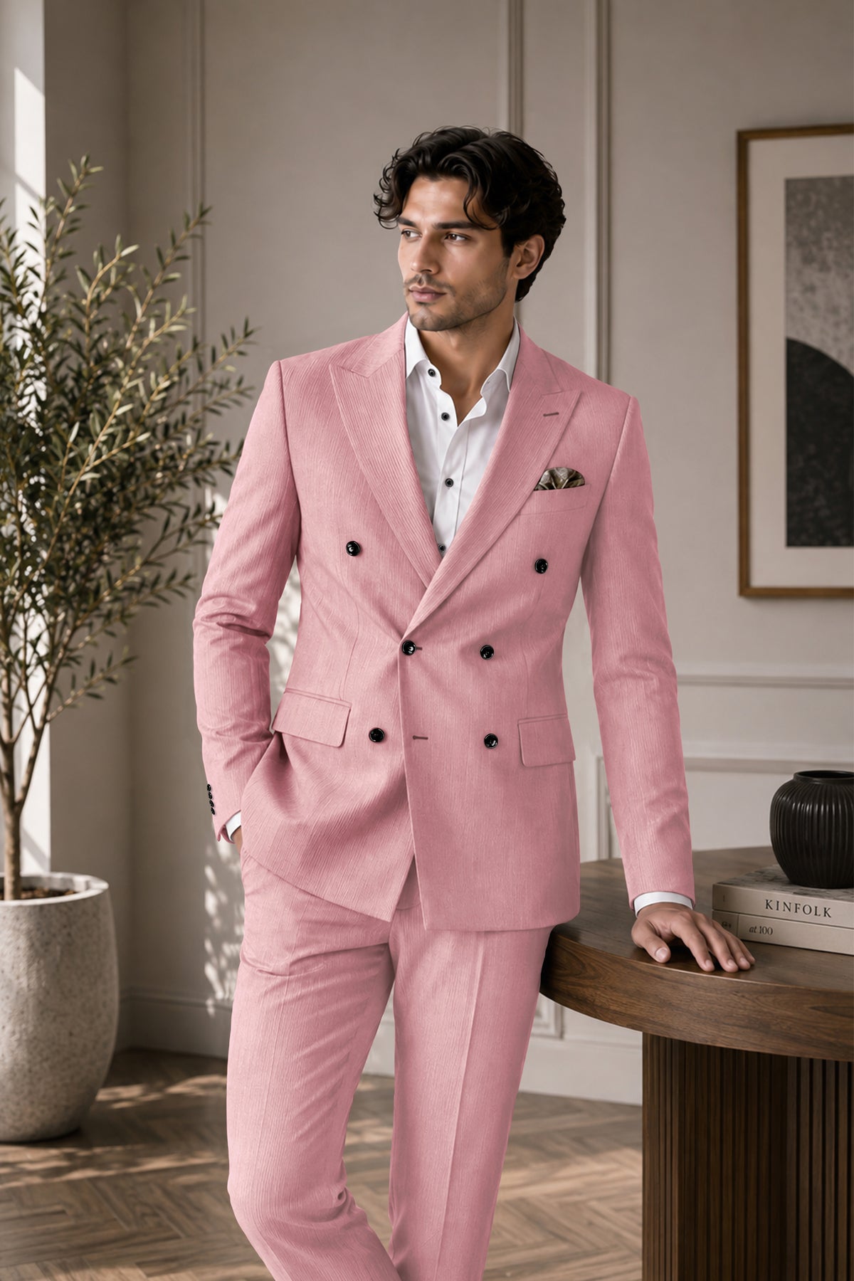 Isadora-Careys Pink Diamond Textured Wool Rich Slight Stretch Double Breasted Blazer