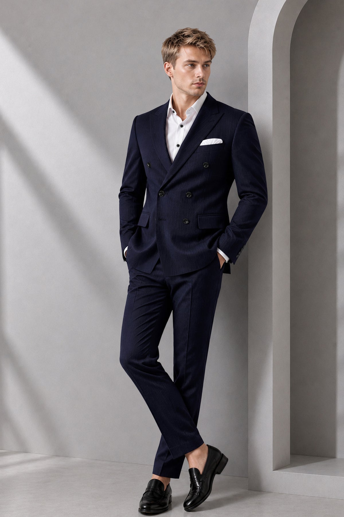 Valmont-Navy Blue Diamond Textured Wool Rich Slight Stretch Double Breasted Blazer