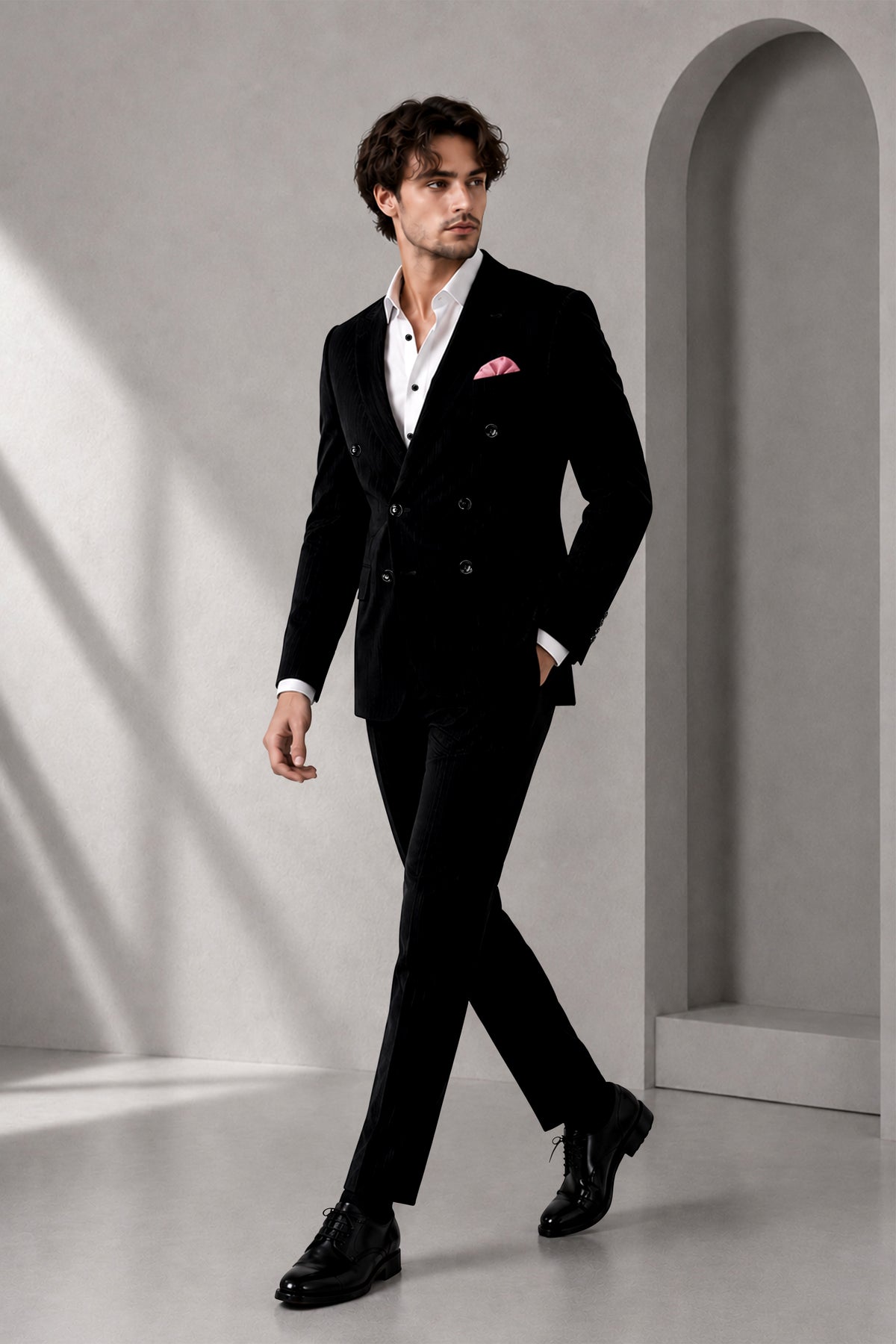 Onyx-Jade Black Diamond Textured Wool Rich Slight Stretch Double Breasted Blazer