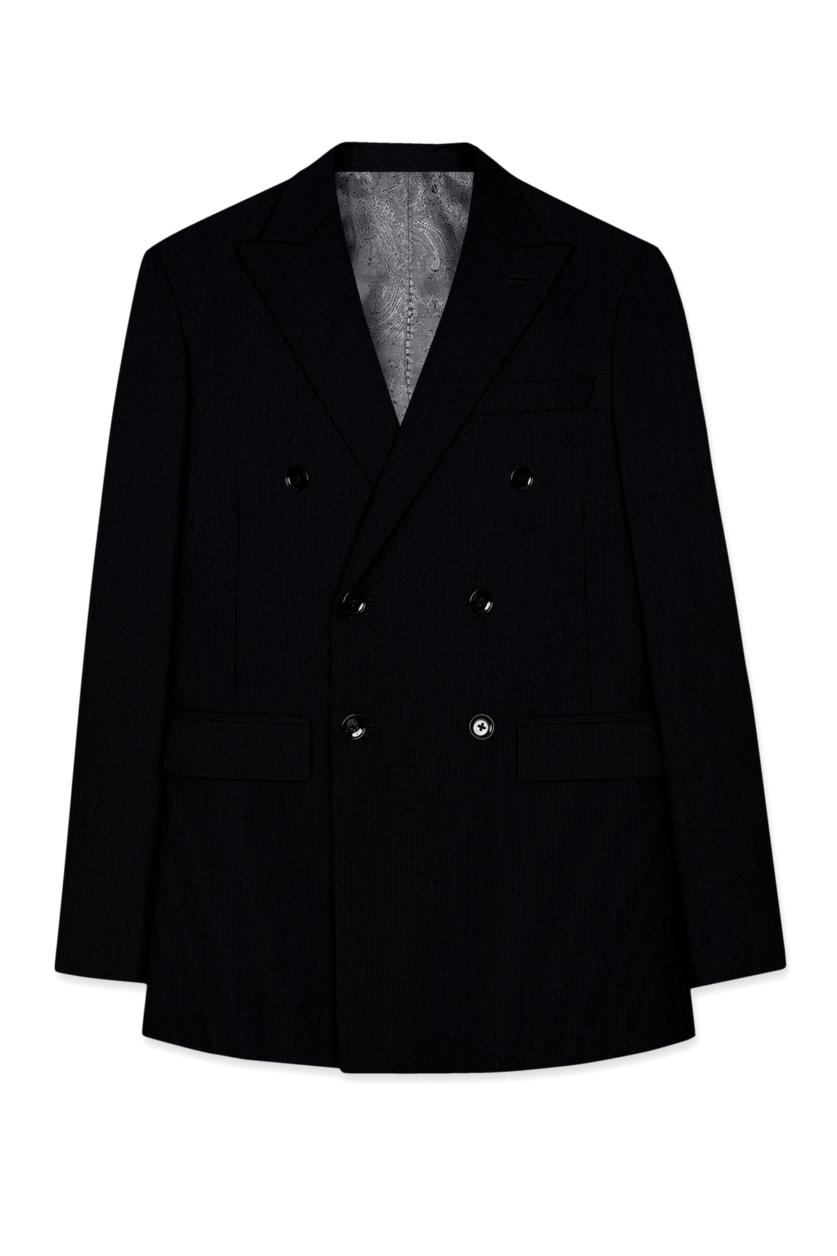 Onyx-Jade Black Diamond Textured Wool Rich Slight Stretch Double Breasted Blazer