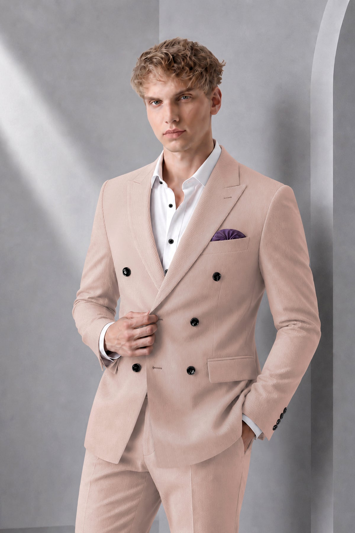 Amelio-Nomad Peach Diamond Textured Wool Rich Slight Stretch Double Breasted Blazer