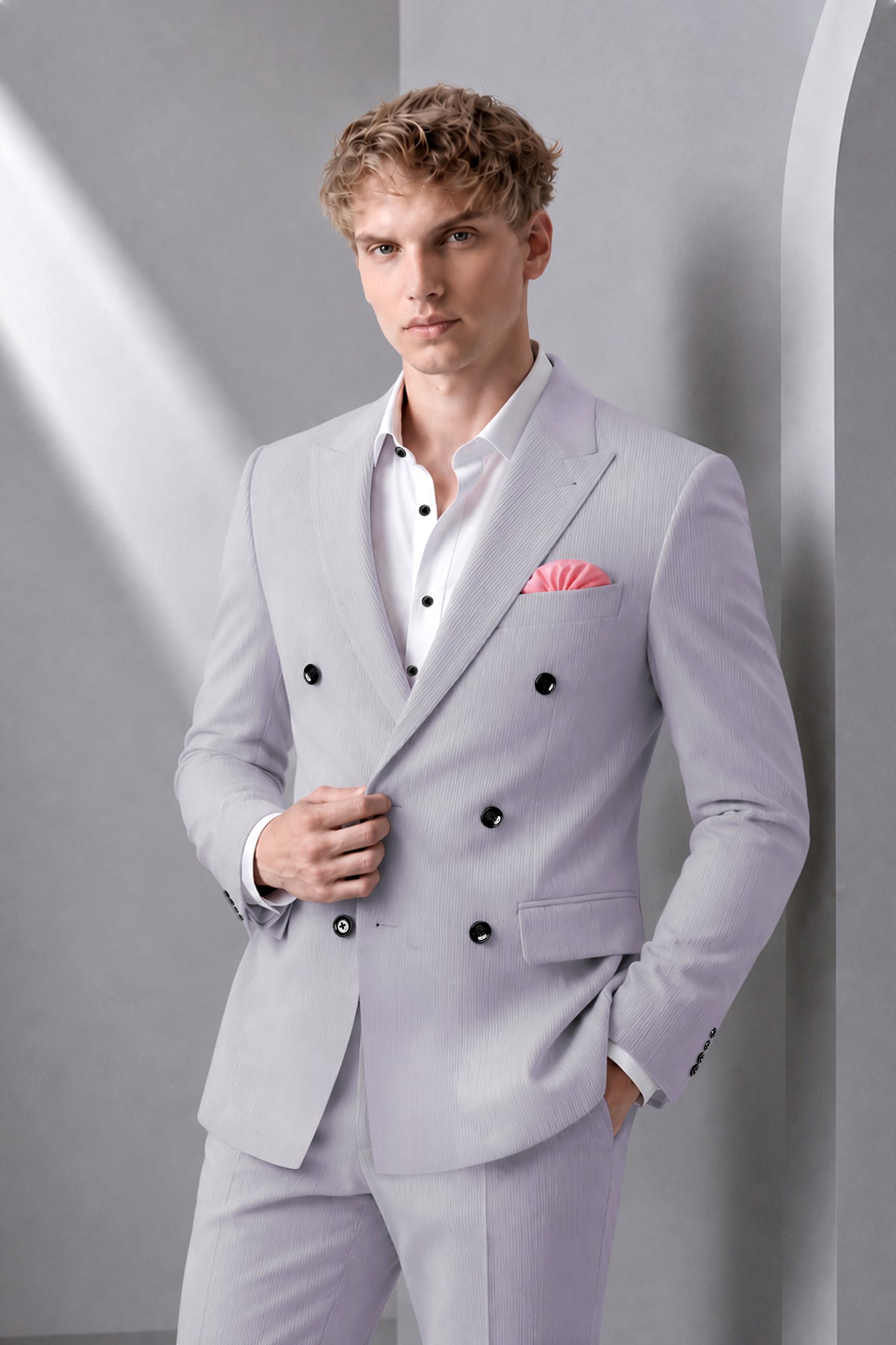 Virelli-Suva Gray Diamond Textured Wool Rich Slight Stretch Double Breasted Blazer