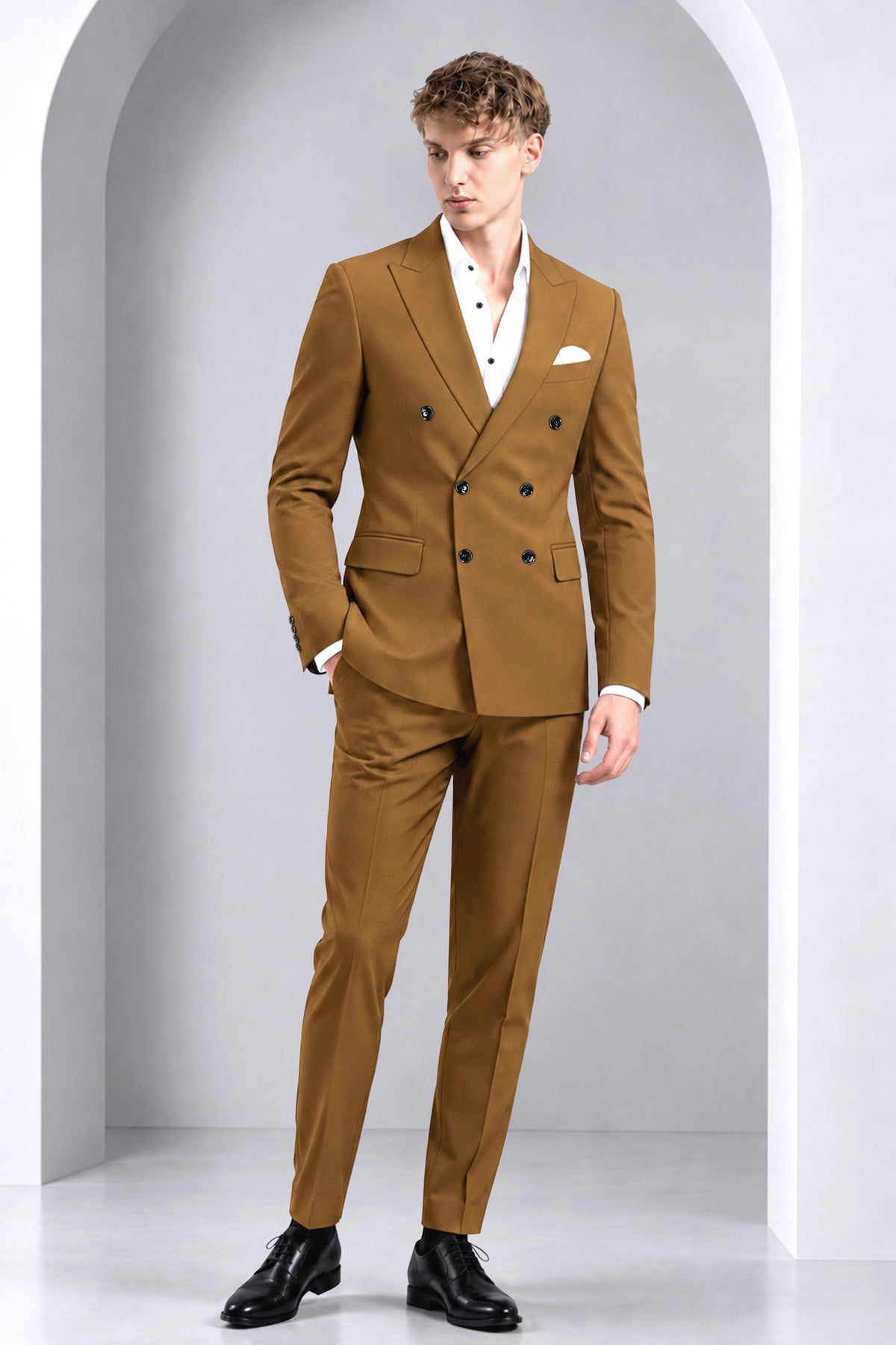 Sartoro-Otter Brown Diamond Textured Wool Rich Slight Stretch Double Breasted Blazer