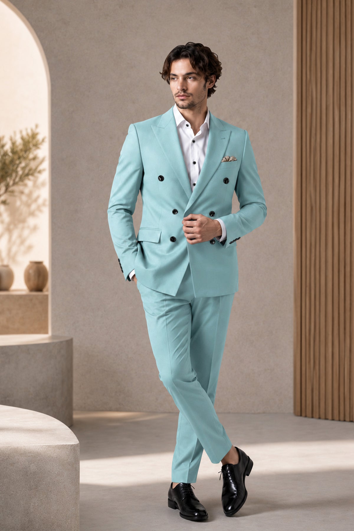 Eclipse-Hosta Blue Diamond Textured Wool Rich Slight Stretch Double Breasted Blazer