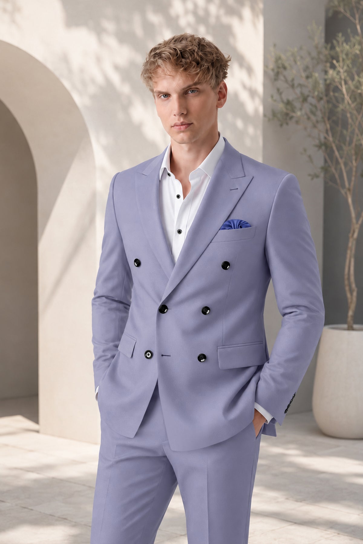 Royale-Chatelle Purple Diamond Textured Wool Rich Slight Stretch Double Breasted Blazer