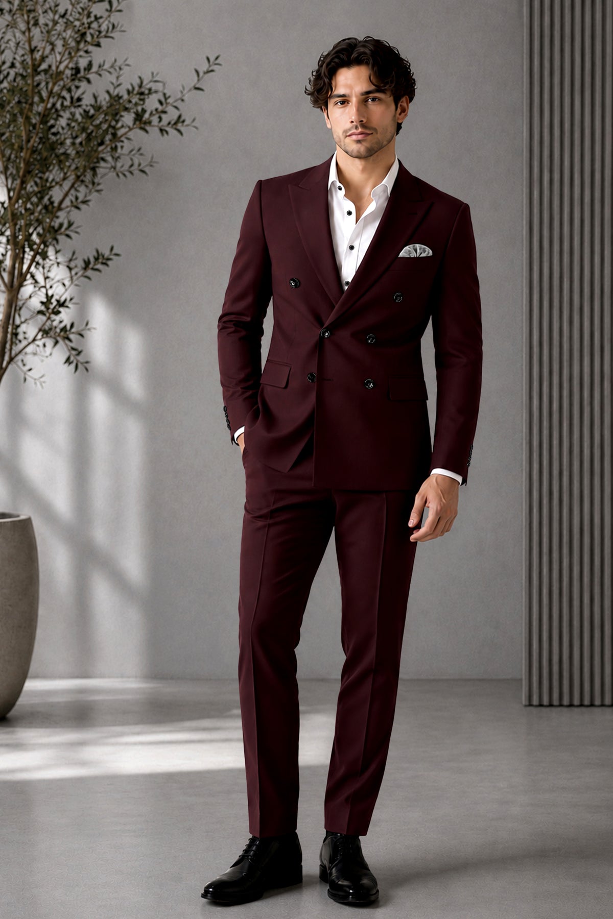 Ardent-Creole Maroon Diamond Textured Wool Rich Slight Stretch Double Breasted Blazer