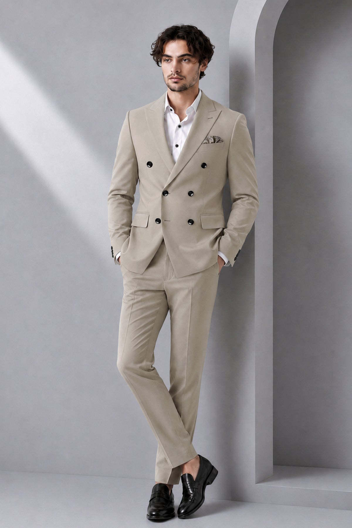 Mavren-Taupe Brown Diamond Textured Wool Rich Slight Stretch Double Breasted Blazer