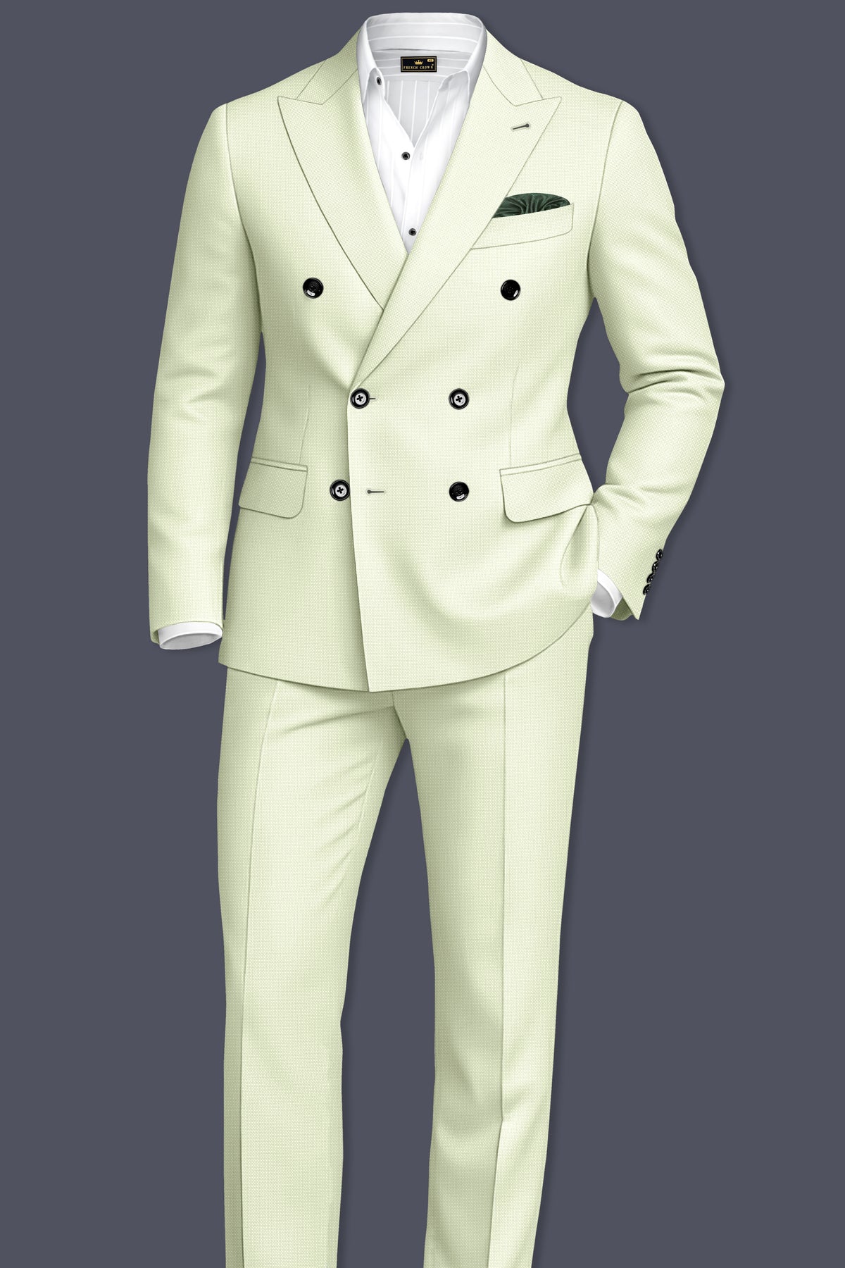 Verdant-Bud Green Diamond Textured Wool Rich Slight Stretch Double Breasted Blazer