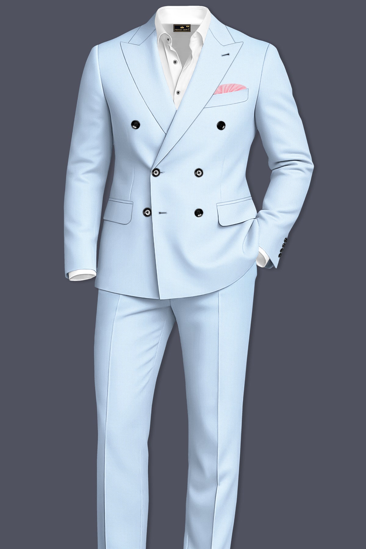 Azure-Hawkes Blue Diamond Textured Wool Rich Slight Stretch Double Breasted Blazer