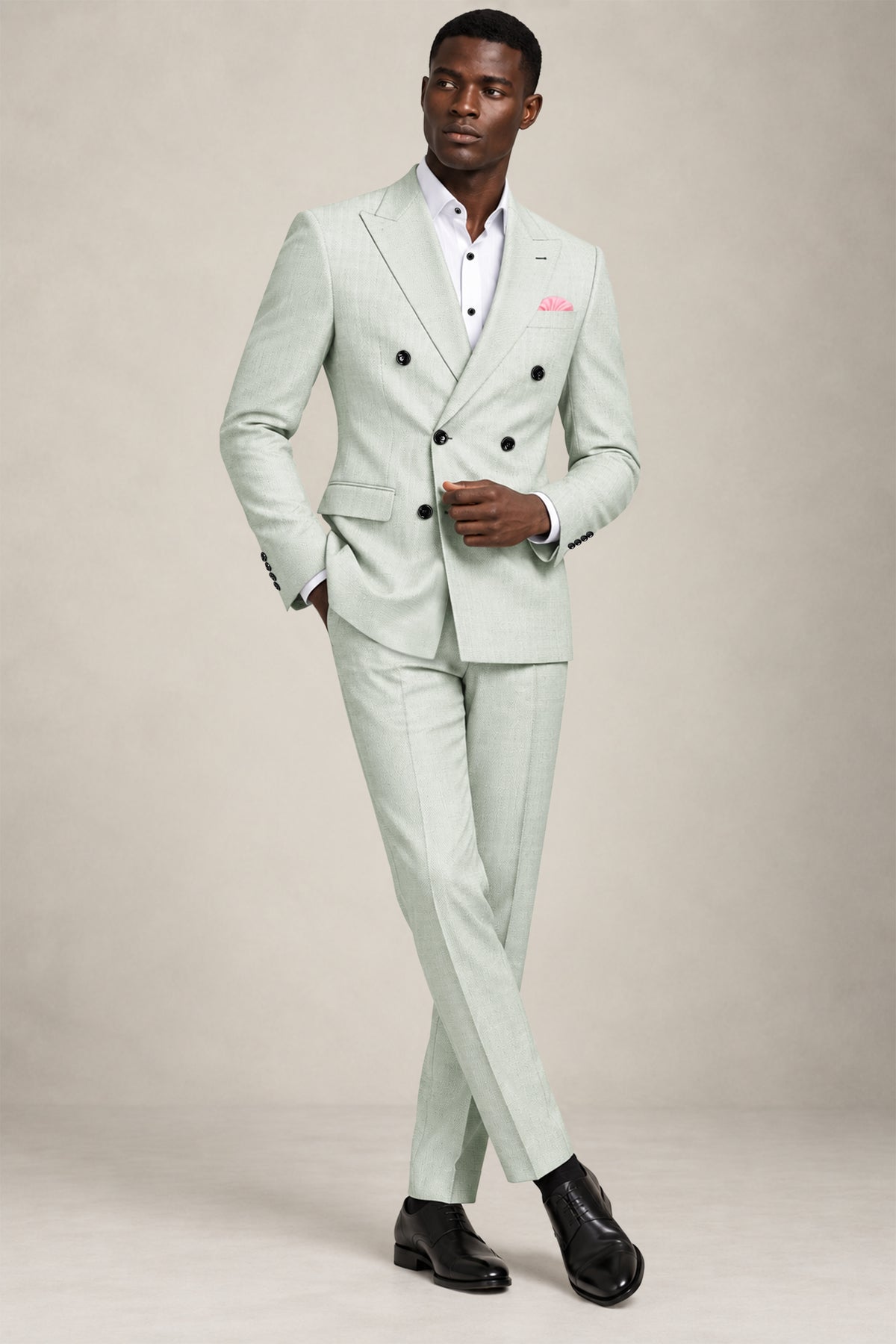 Cavell-Ash Gray Diamond Textured Wool Rich Slight Stretch Double Breasted Blazer