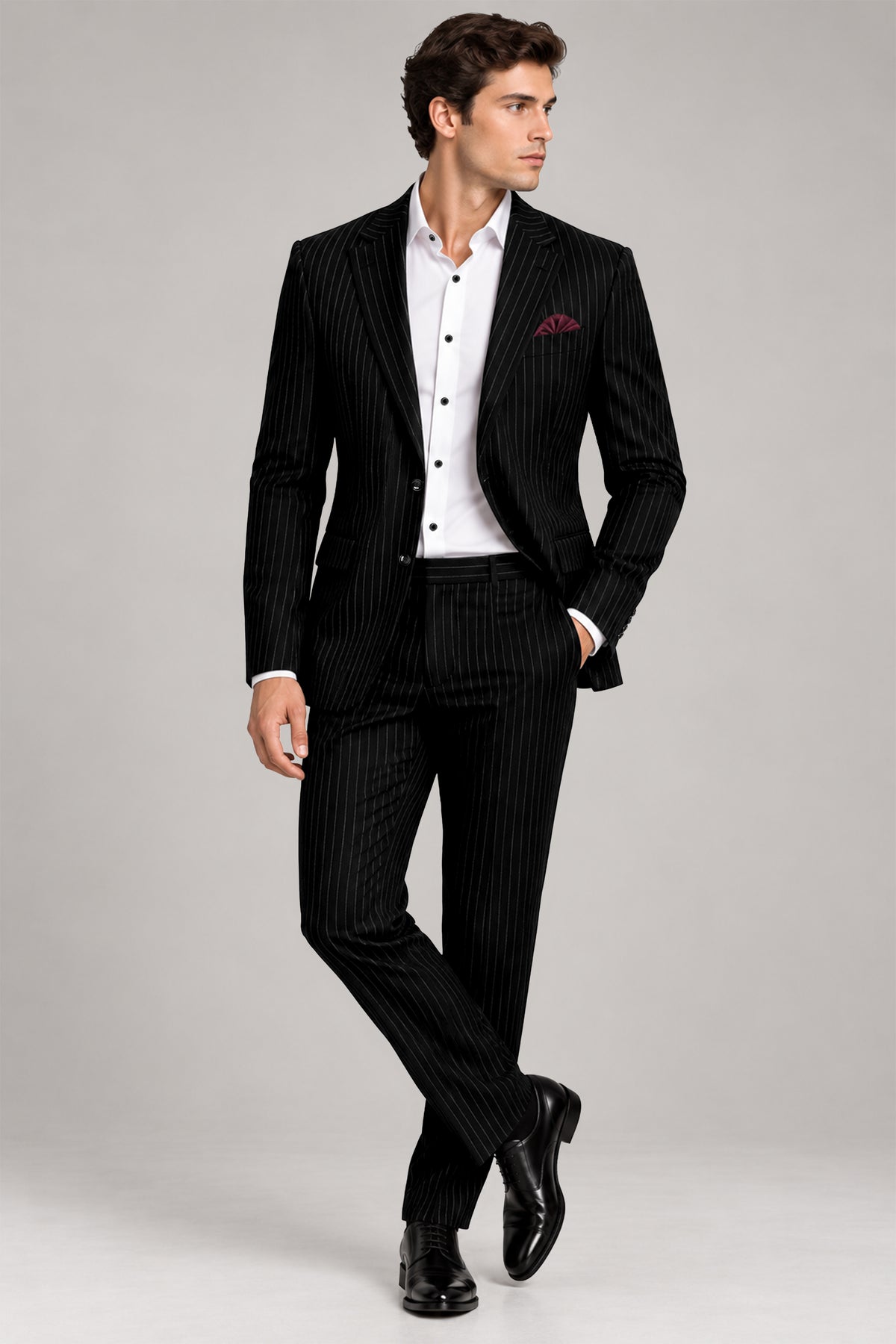 Noble-Jade Black Chalk Striped Wool Rich Wrinkle-Free Fluid Drape Fabric Single Breasted Blazer