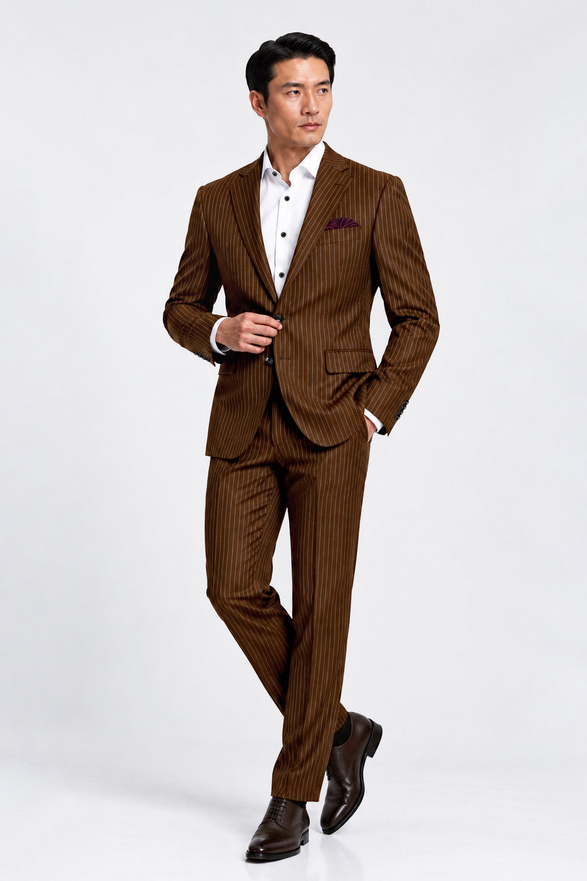 Everton-Clinker Brown Chalk Striped Wool Rich Wrinkle-Free Fluid Drape Fabric Single Breasted Blazer