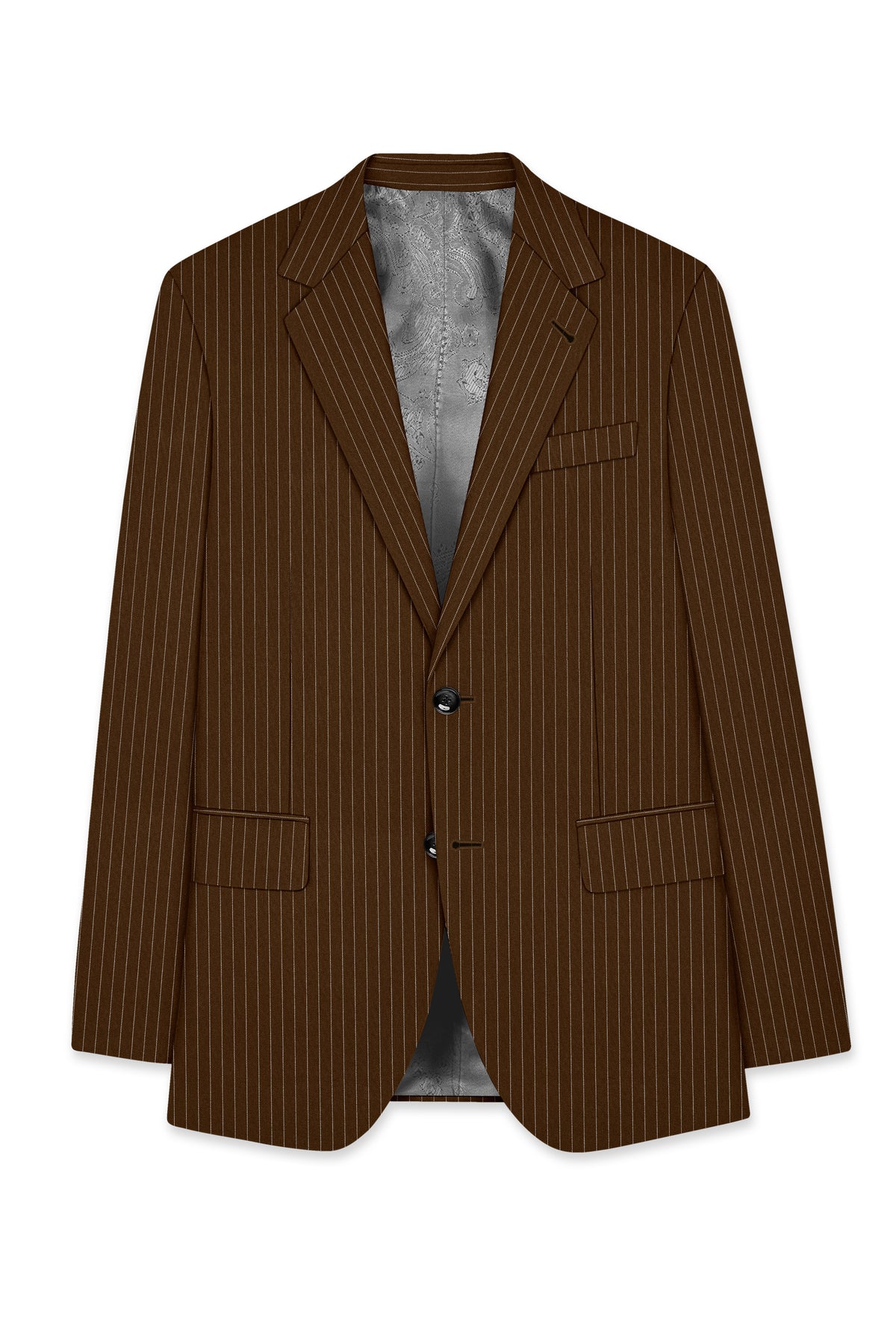 Everton-Clinker Brown Chalk Striped Wool Rich Wrinkle-Free Fluid Drape Fabric Single Breasted Blazer