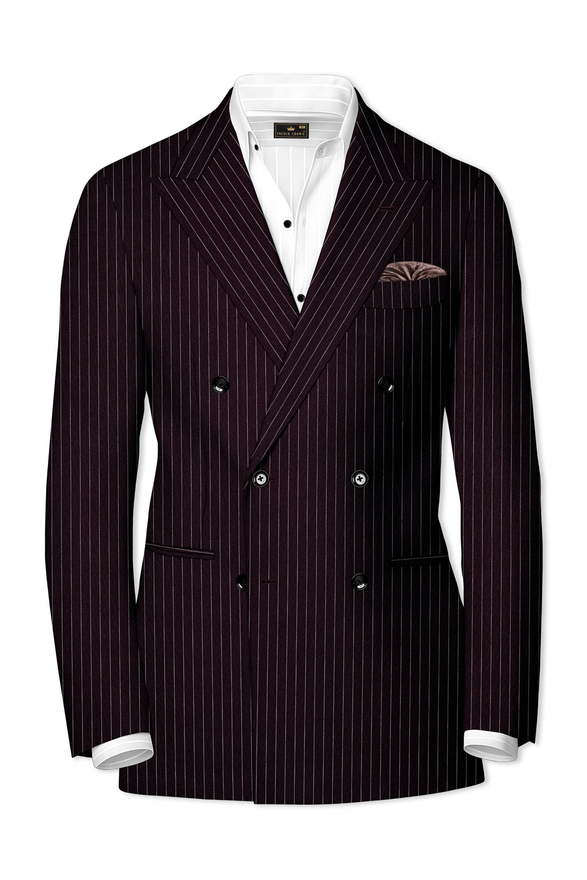 Vesper-Gondola Maroon Chalk Striped Wool Rich Wrinkle-Free Fluid Drape Fabric Double Breasted Blazer