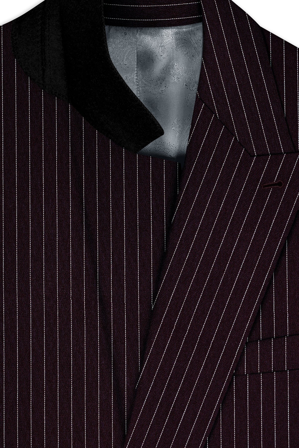 Vesper-Gondola Maroon Chalk Striped Wool Rich Wrinkle-Free Fluid Drape Fabric Double Breasted Blazer