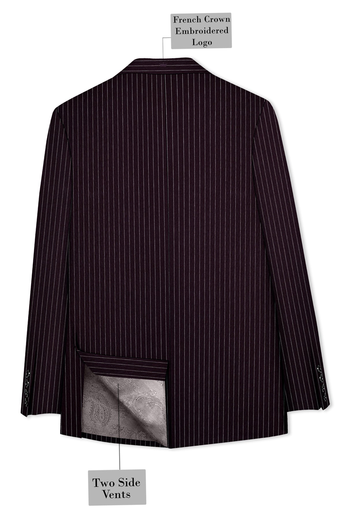 Vesper-Gondola Maroon Chalk Striped Wool Rich Wrinkle-Free Fluid Drape Fabric Double Breasted Blazer