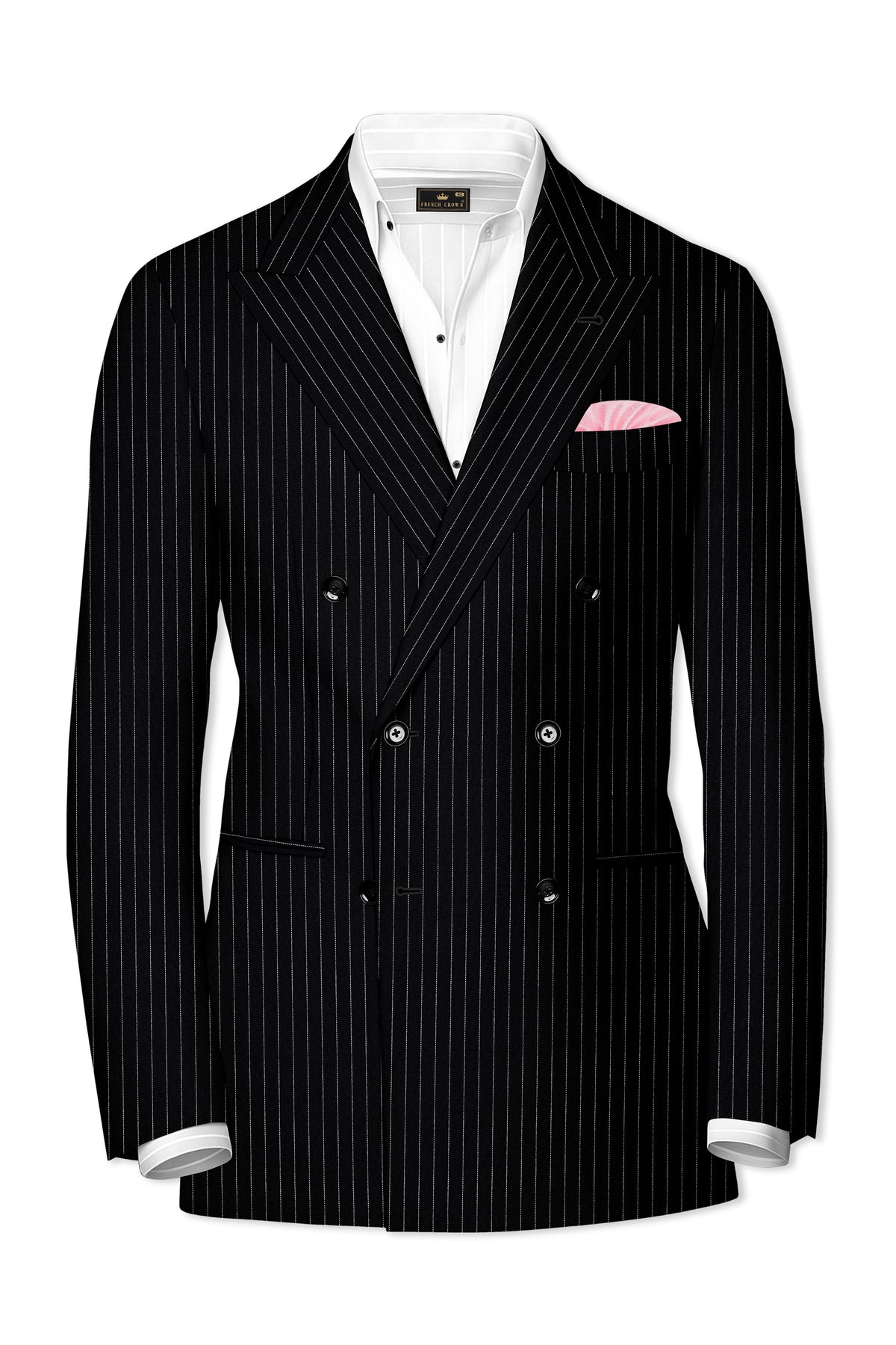 Noble-Jade Black Chalk Striped Wool Rich Wrinkle-Free Fluid Drape Fabric Double Breasted Blazer