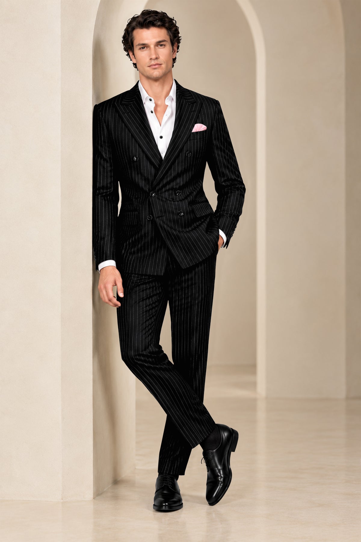 Noble-Jade Black Chalk Striped Wool Rich Wrinkle-Free Fluid Drape Fabric Double Breasted Blazer
