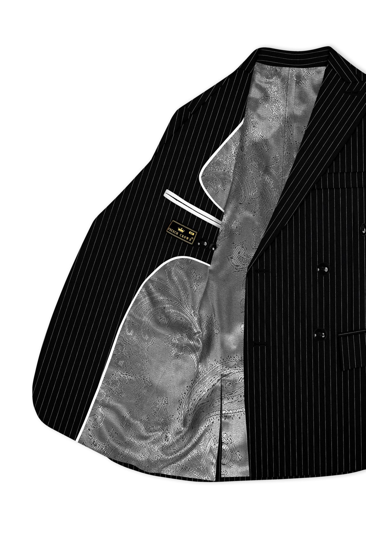 Noble-Jade Black Chalk Striped Wool Rich Wrinkle-Free Fluid Drape Fabric Double Breasted Blazer