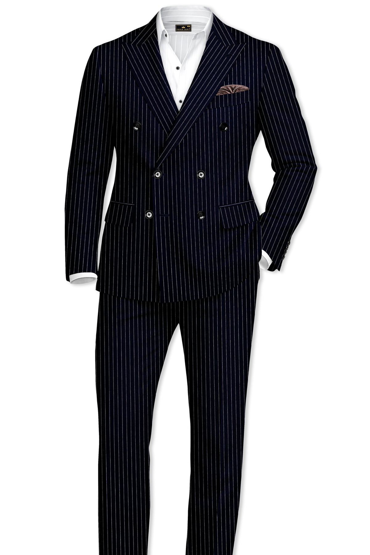 Windsor-Navy Blue Chalk Striped Wool Rich Wrinkle-Free Fluid Drape Fabric Double Breasted Blazer