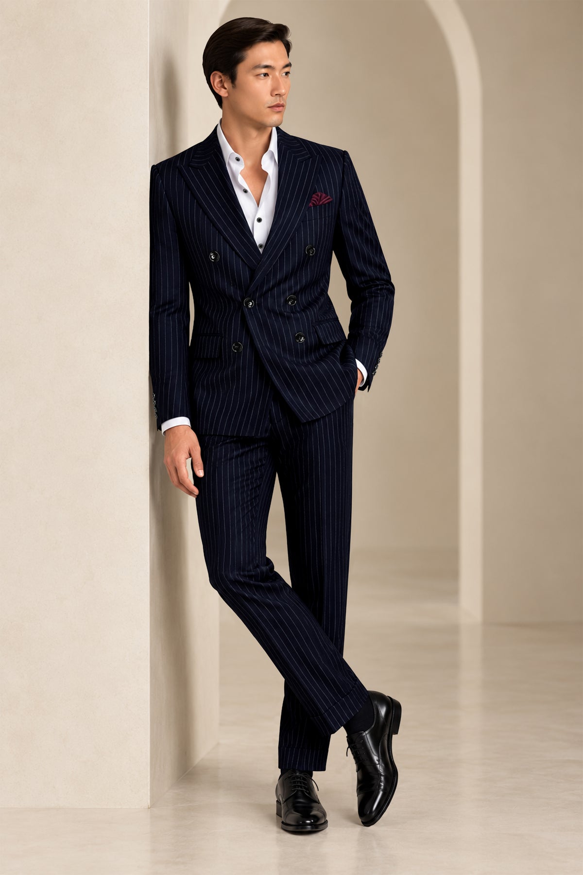 Windsor-Navy Blue Chalk Striped Wool Rich Wrinkle-Free Fluid Drape Fabric Double Breasted Blazer