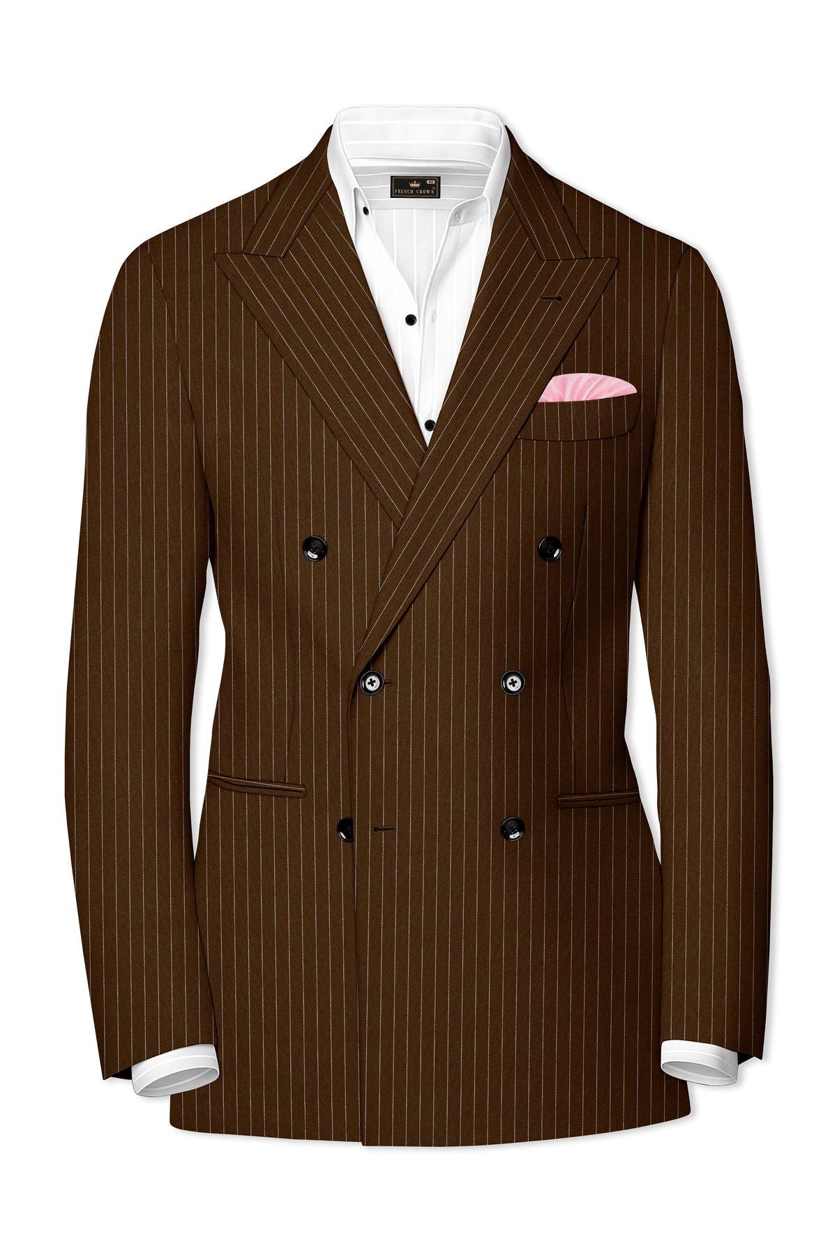 Everton-Clinker Brown Chalk Striped Wool Rich Wrinkle-Free Fluid Drape Fabric Double Breasted Blazer