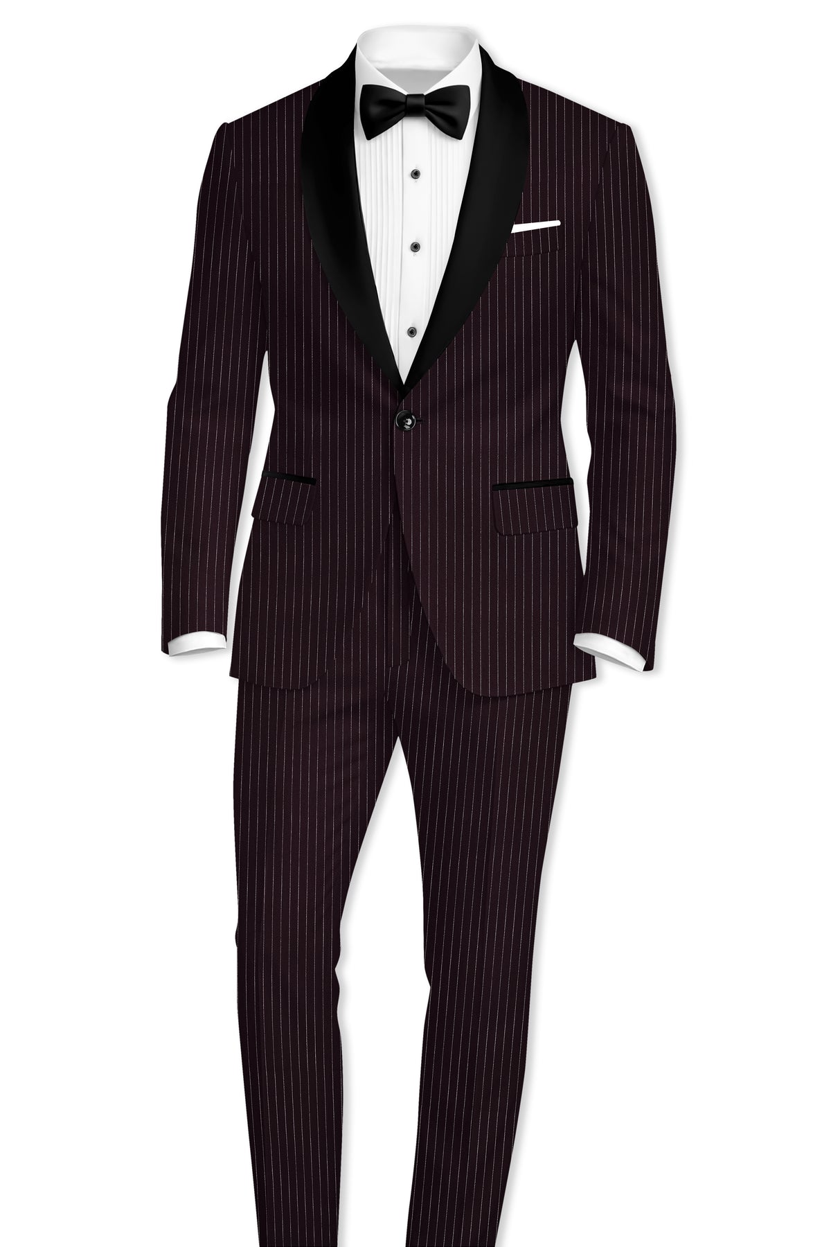 Vesper-Gondola Maroon Chalk Striped Wool Rich Wrinkle-Free Fluid Drape Fabric Tuxedo Blazer