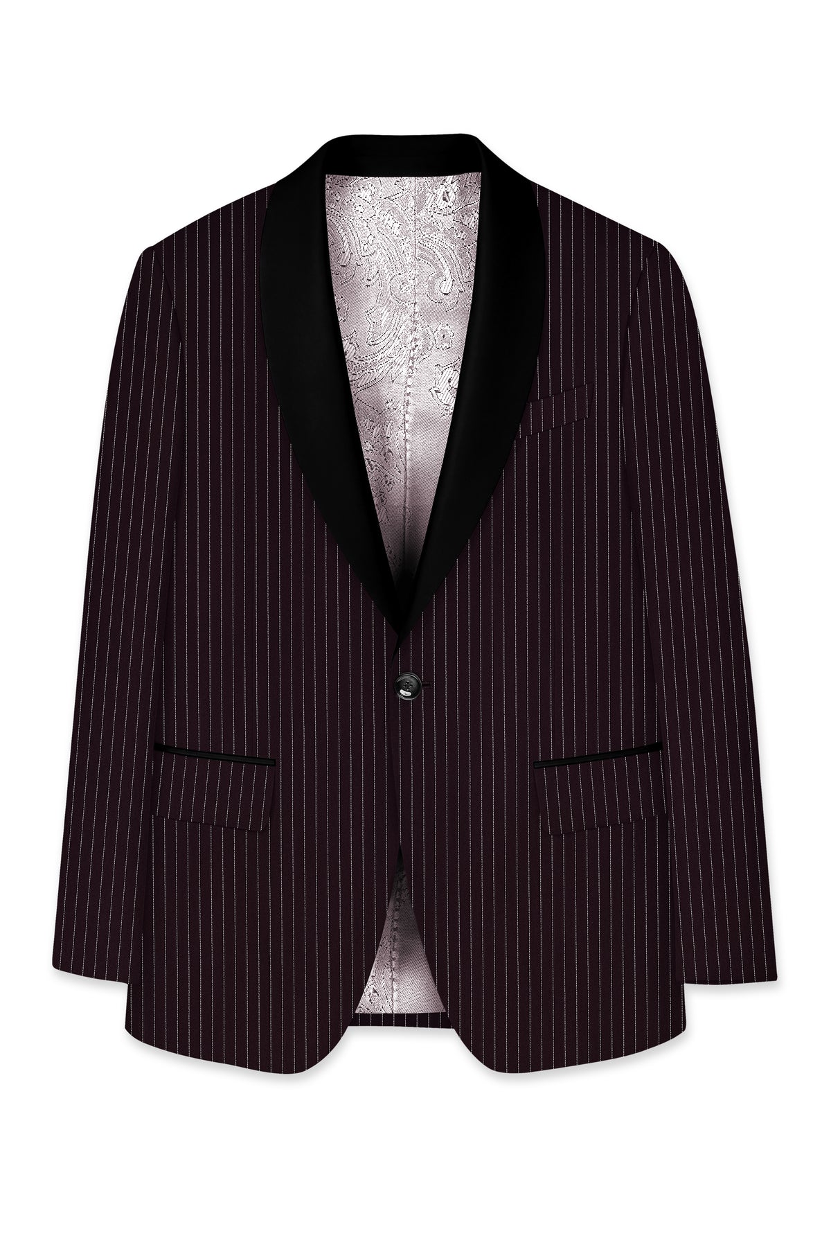Vesper-Gondola Maroon Chalk Striped Wool Rich Wrinkle-Free Fluid Drape Fabric Tuxedo Blazer